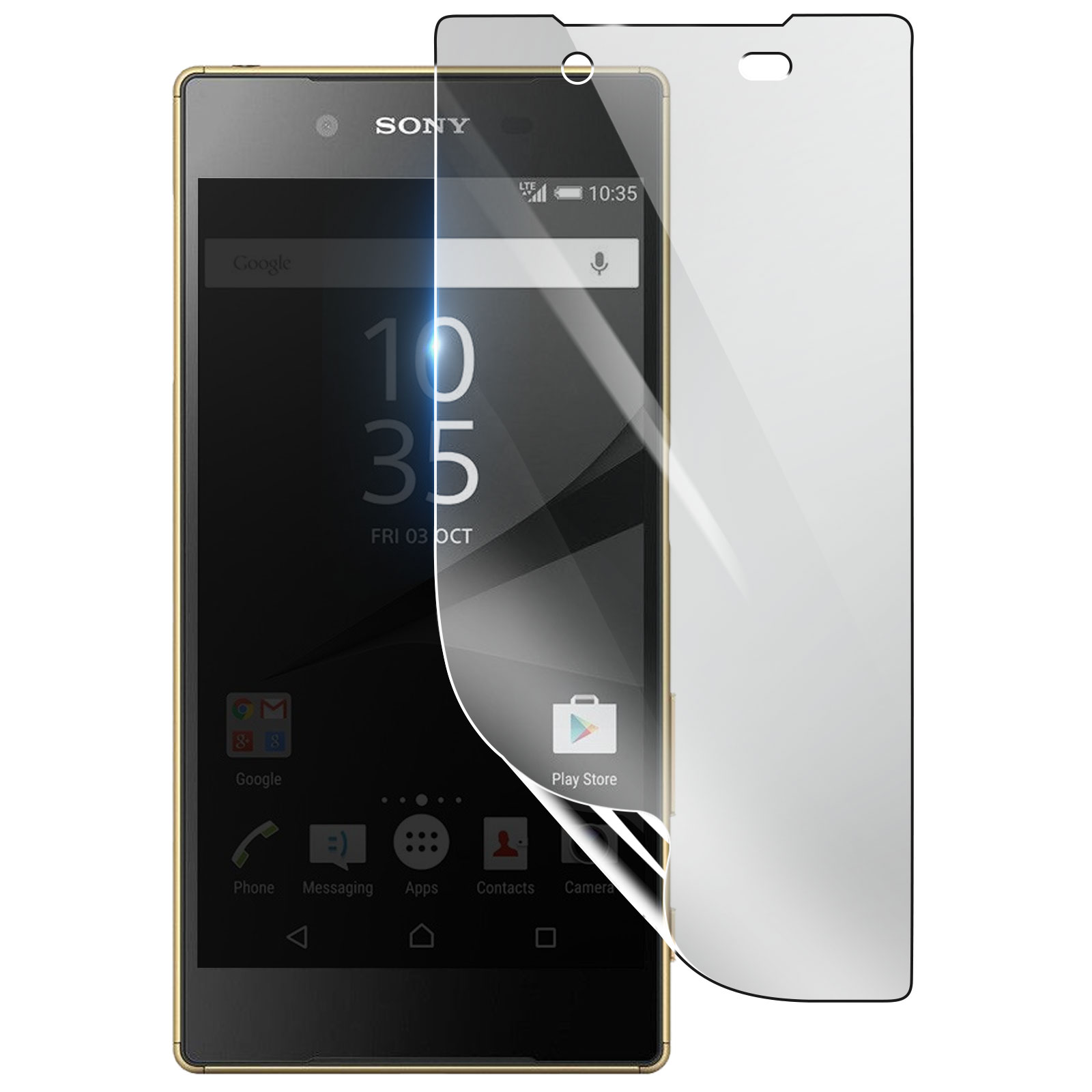 Uno smartphone Sony con una protezione per lo schermo in fase di applicazione. Lo schermo mostra l'ora, la data e le icone delle app. Il telefono ha una cornice dorata.