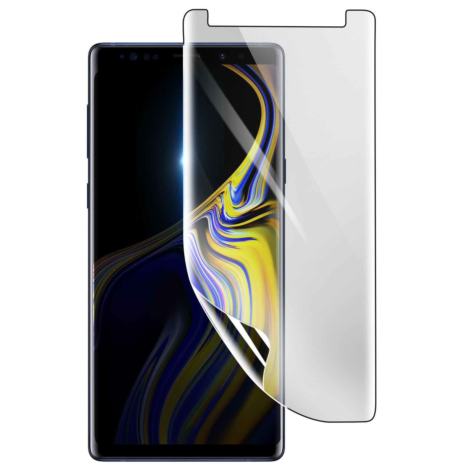 Uno smartphone con una protezione per lo schermo in fase di applicazione. Il telefono è nero con display colorato. La protezione è trasparente.
