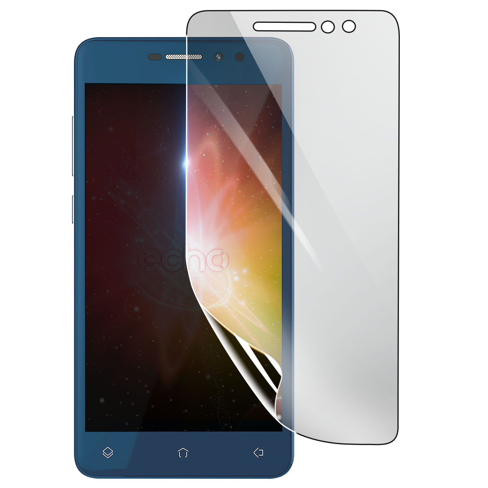 Uno smartphone blu con protezione schermo. Lo schermo mostra un design astratto colorato. Sfondo bianco.