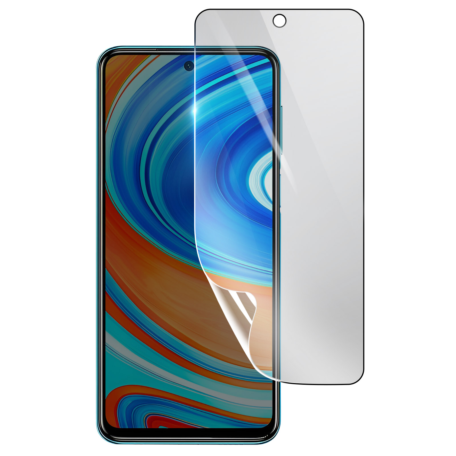 Viene mostrato un telefono con una protezione per lo schermo. La protezione è posizionata sullo schermo del telefono. Il telefono è turchese e nero.