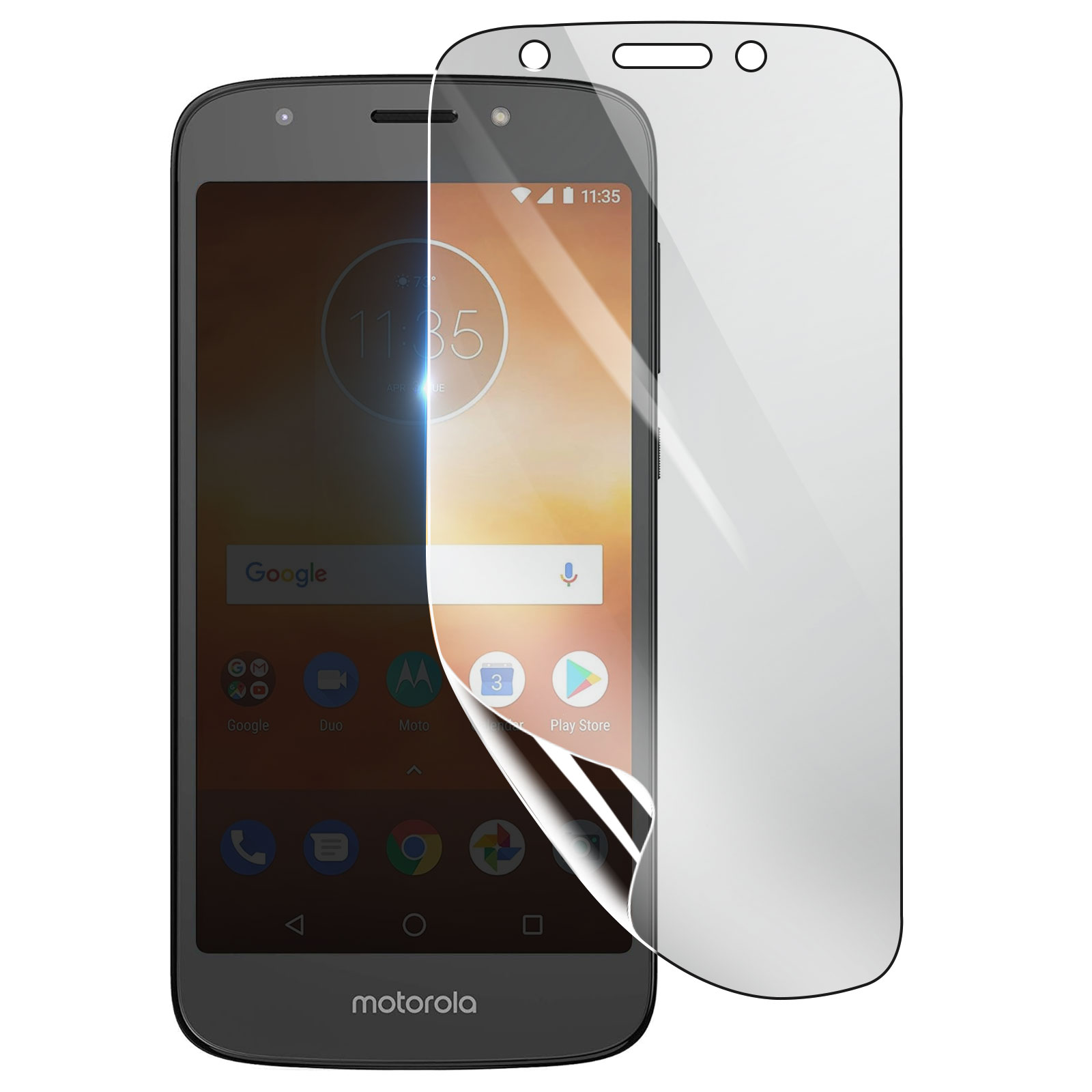 Un telefono Motorola con una protezione per lo schermo in fase di applicazione. Il telefono mostra le 11:35 e ha icone di app.