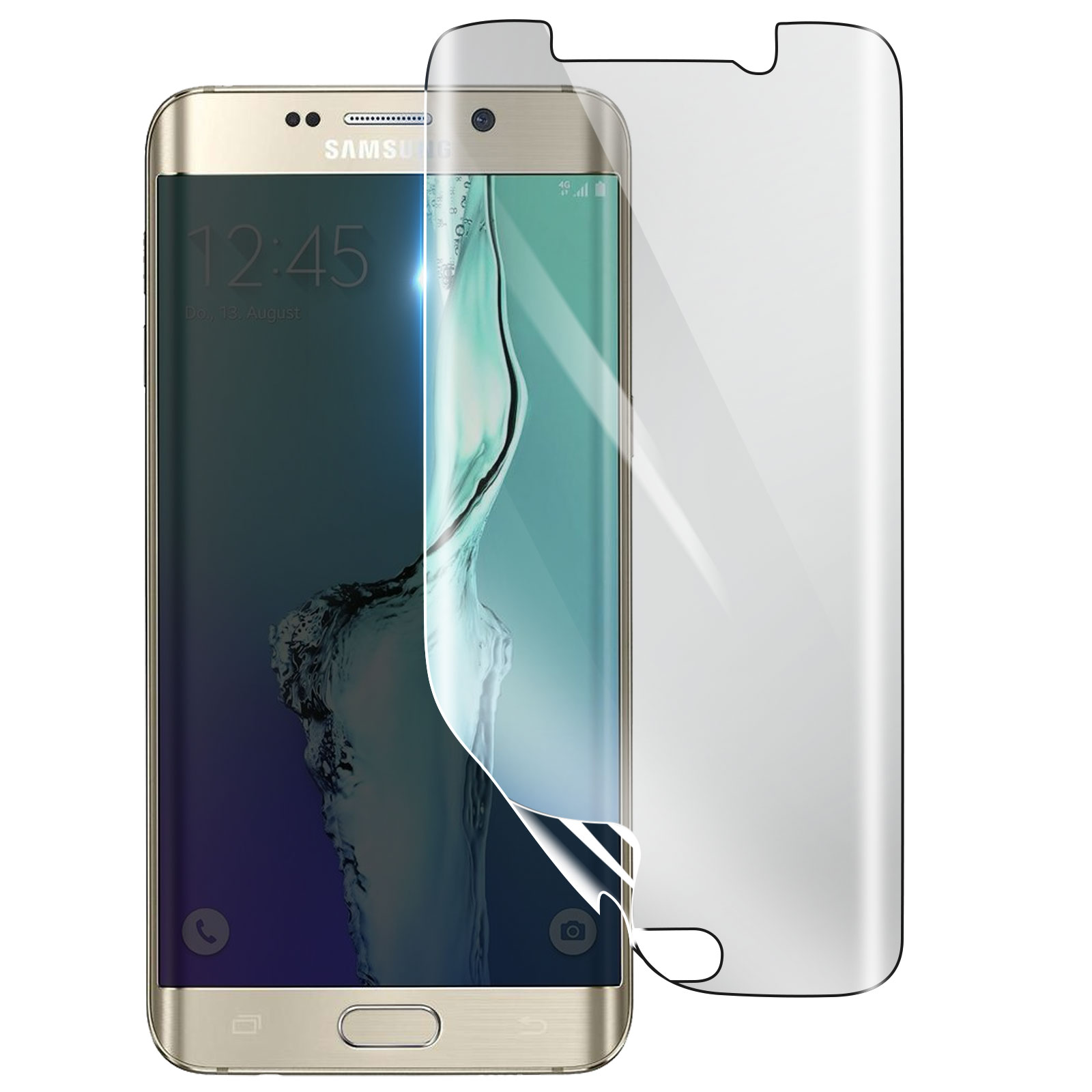Un telefono Samsung dorato con una protezione per lo schermo in fase di applicazione. Lo schermo mostra l'ora e la data.