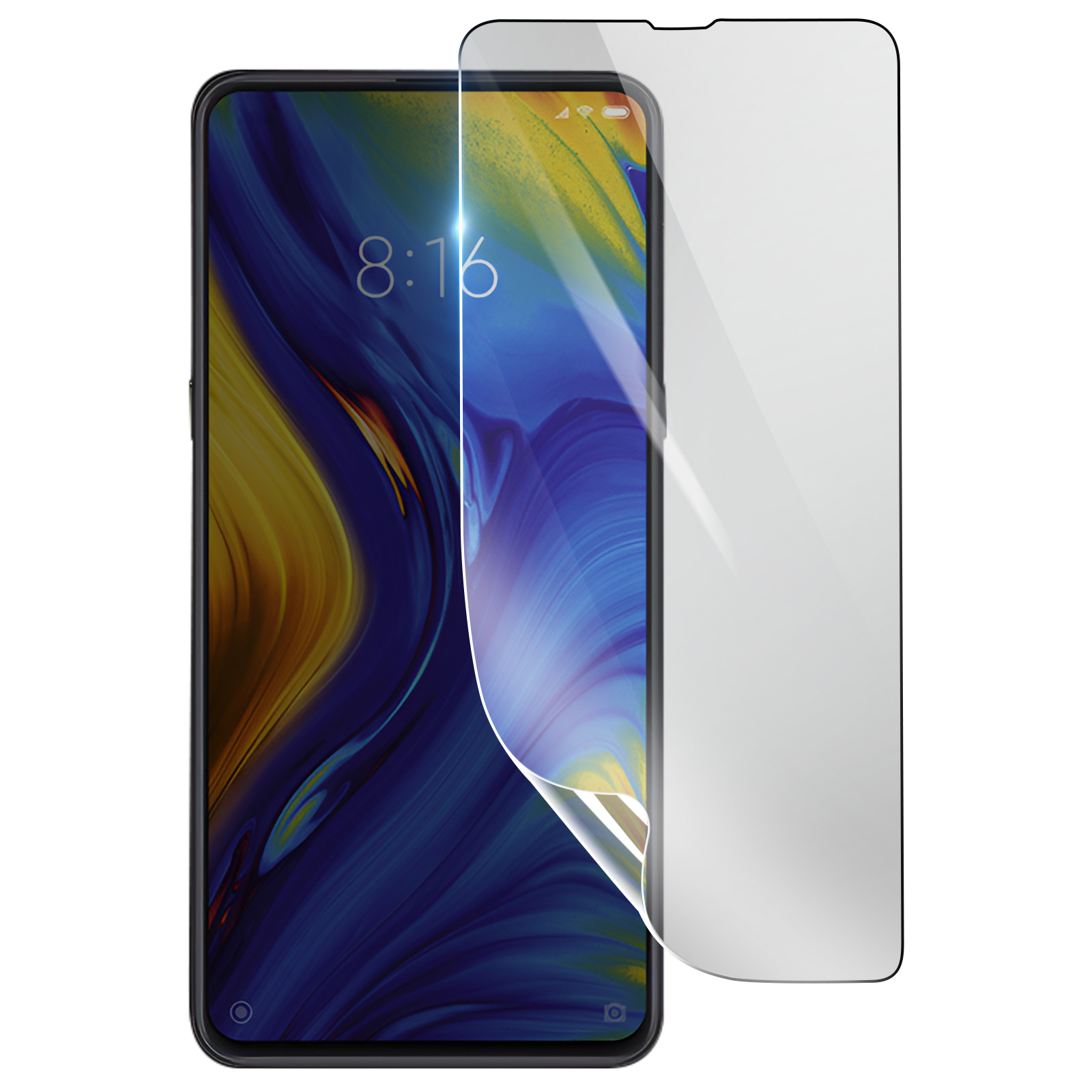 Un telefono con una protezione per lo schermo in applicazione. Lo schermo mostra 8:16. La protezione è parzialmente staccata.