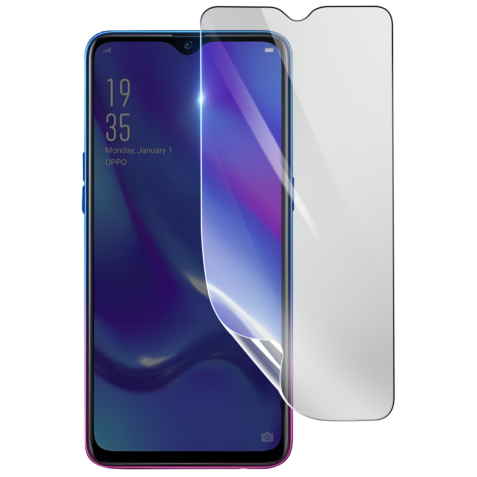 Uno smartphone con protezione schermo. Lo schermo mostra ora, data e logo OPPO. La protezione è parzialmente staccata.