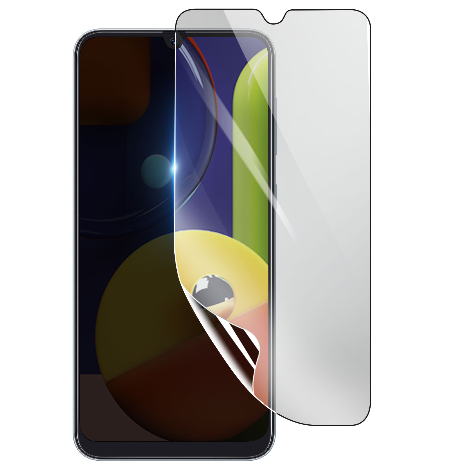 Uno smartphone con una protezione schermo che si stacca. Lo schermo del telefono ha uno sfondo colorato.
