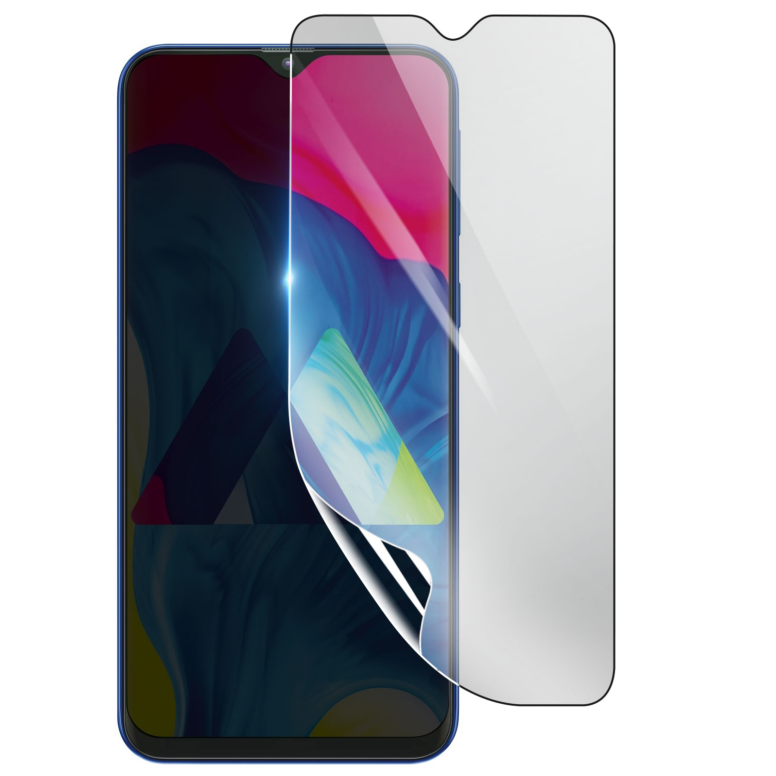 Uno smartphone con una protezione per lo schermo applicata. La protezione si sta staccando. Il telefono è blu, lo sfondo è astratto.