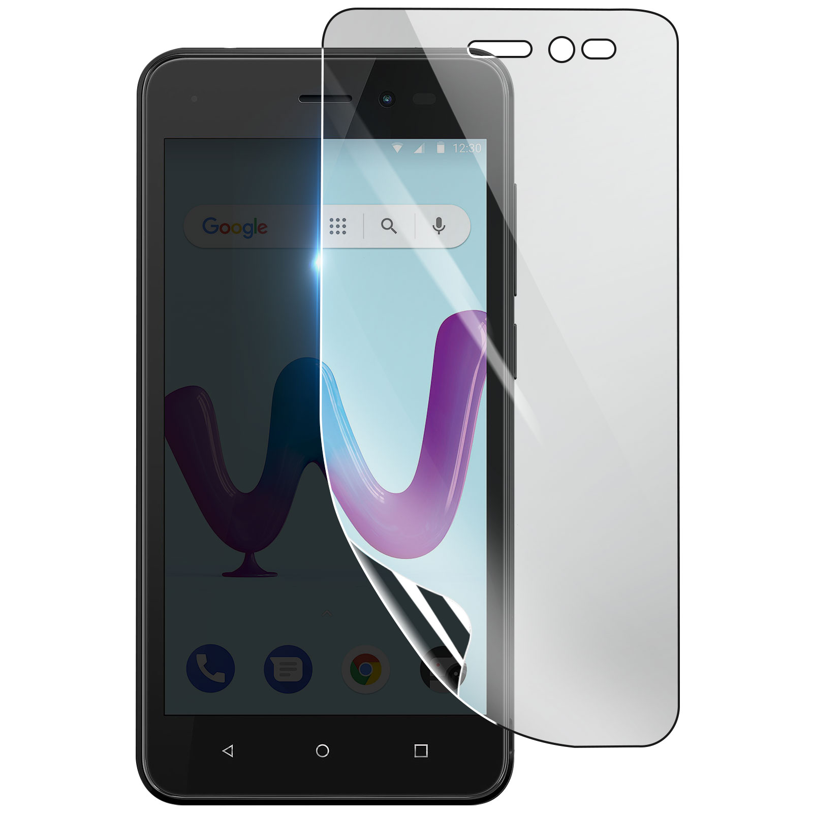 Uno smartphone nero con una protezione schermo che si stacca. Lo schermo mostra un logo e icone di app. Sfondo bianco.