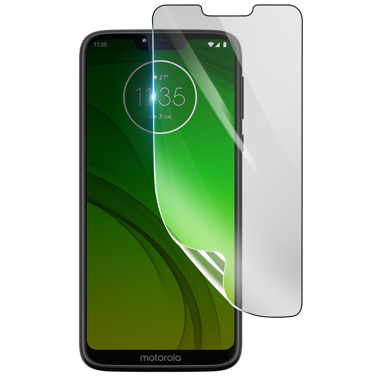 Telefono Motorola con protezione schermo applicata. Il telefono mostra ora e data, sfondo verde. Sfondo bianco.