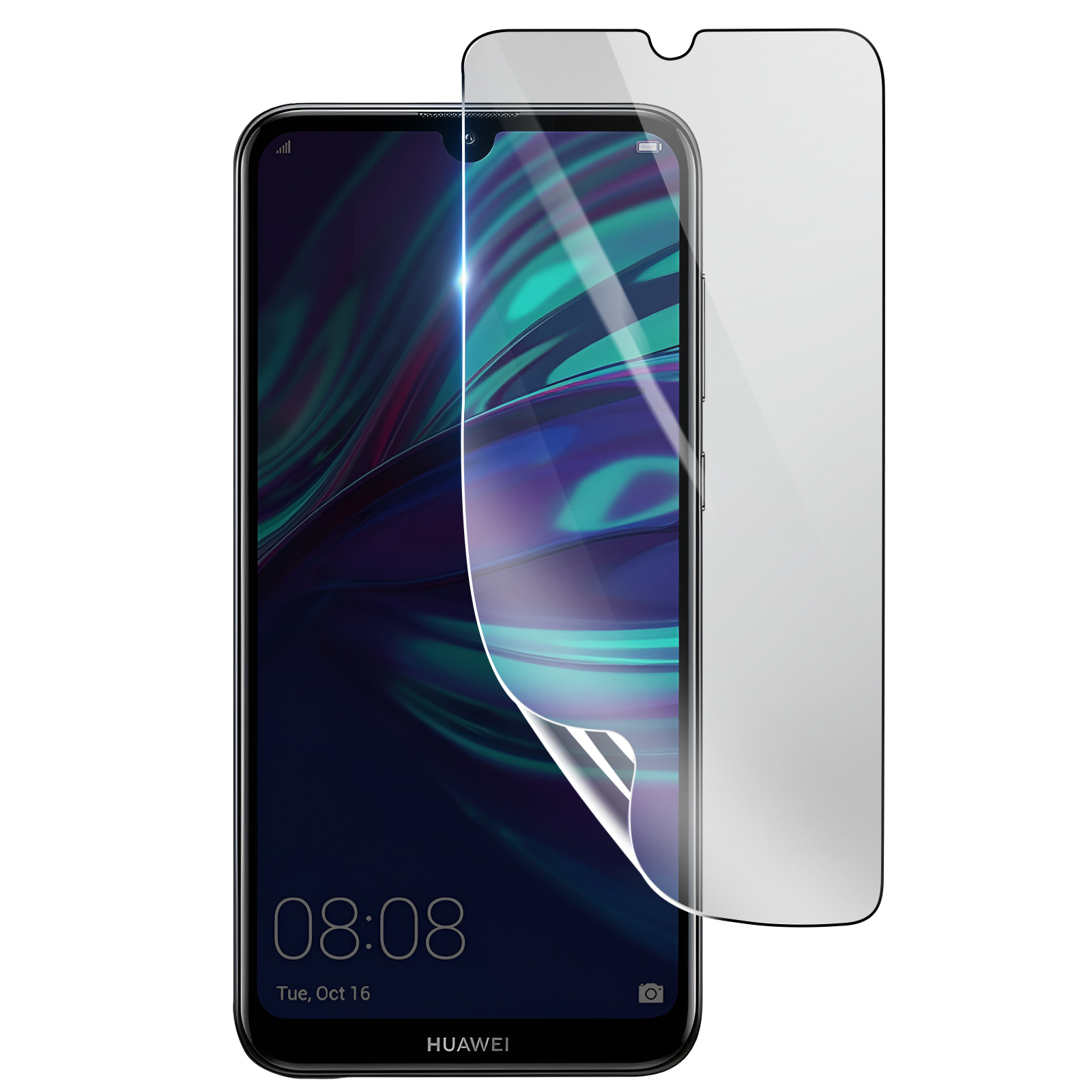 Un telefono Huawei con una protezione per lo schermo applicata. Il telefono è nero, mostra l'ora. La protezione è trasparente.