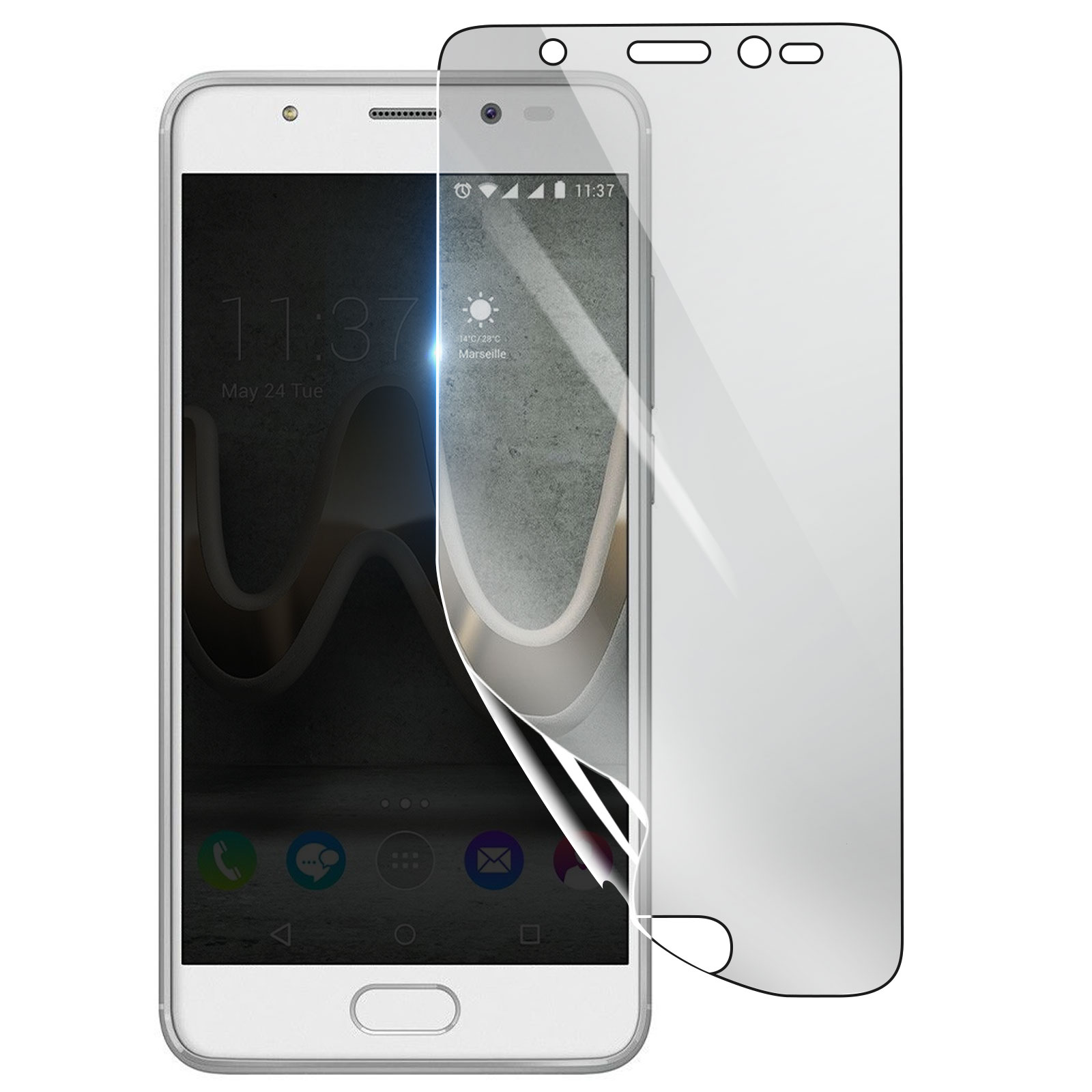 Uno smartphone bianco con una protezione per lo schermo. Lo schermo mostra l'ora e la data. La protezione è parzialmente staccata.