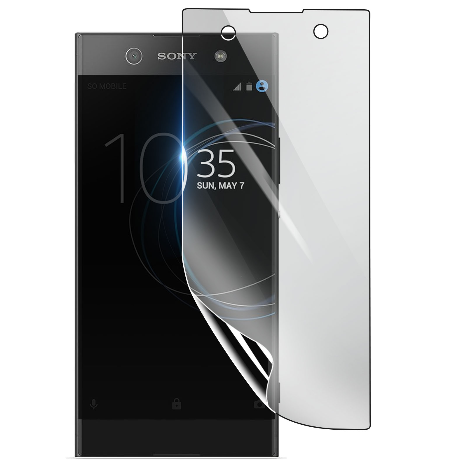 Un telefono Sony nero con una protezione schermo in fase di rimozione. Lo schermo mostra l'ora e la data.