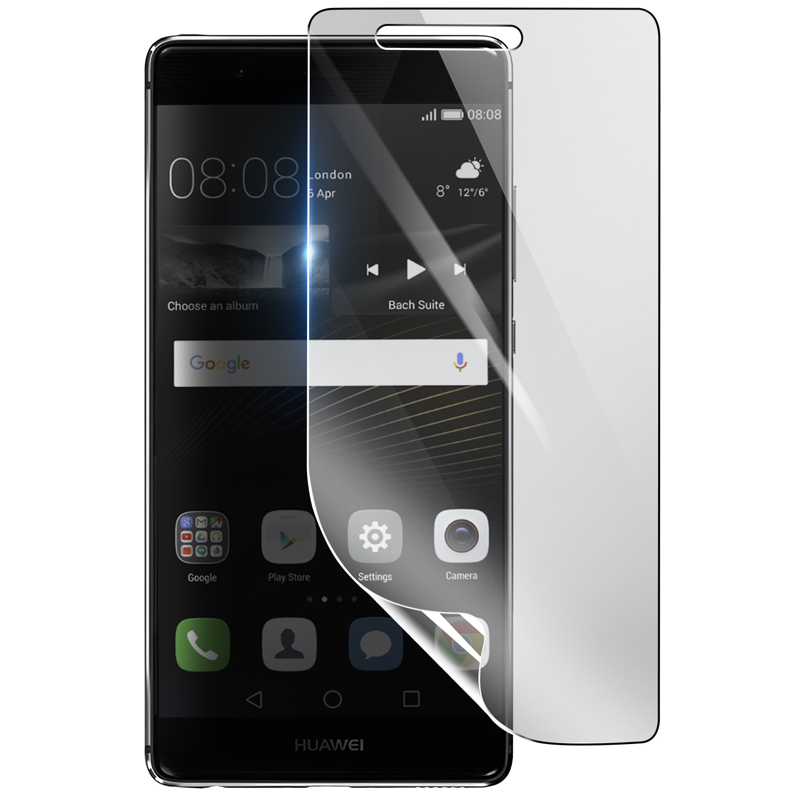 Un teléfono Huawei con un protector de pantalla aplicado. La pantalla muestra la hora, el tiempo y los iconos de las aplicaciones. El protector se está despegando.