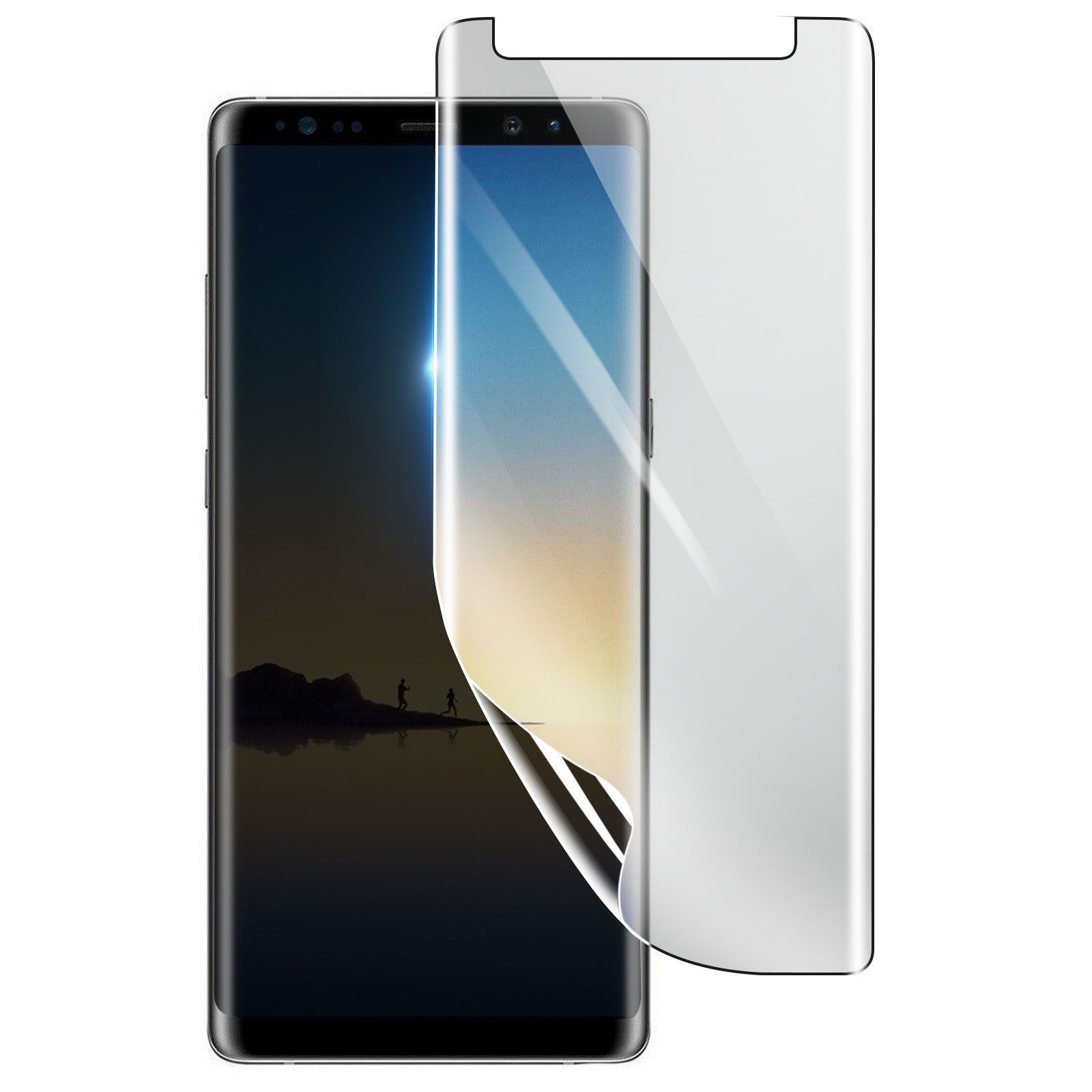 Uno smartphone con protezione schermo. Il telefono mostra un paesaggio. La protezione è parzialmente staccata.
