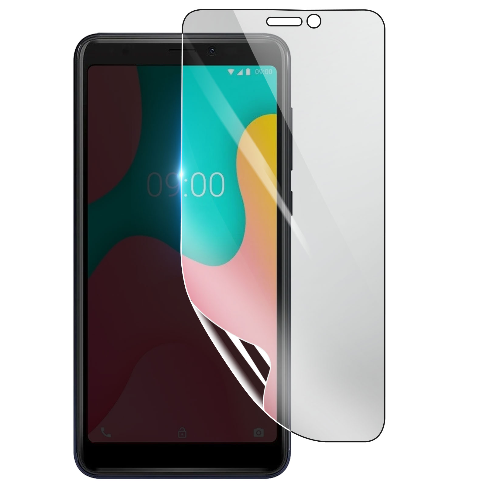 Uno smartphone con protezione schermo. Il telefono mostra le 09:00. La protezione è parzialmente staccata. Il telefono ha una cornice blu scuro.