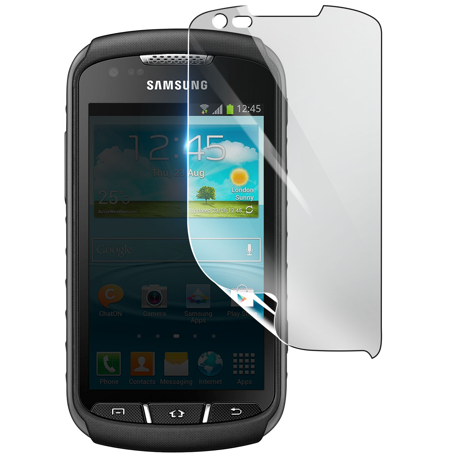 Un telefono Samsung con protezione schermo mostra ora, meteo e icone app. È applicata una pellicola protettiva.