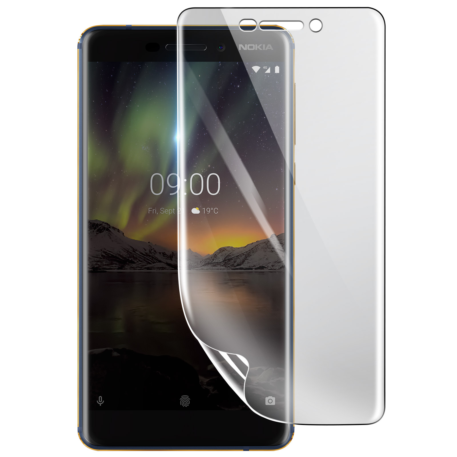 Uno smartphone Nokia con una protezione per lo schermo è in mostra. Lo schermo mostra un paesaggio con montagne, un lago e l'ora.
