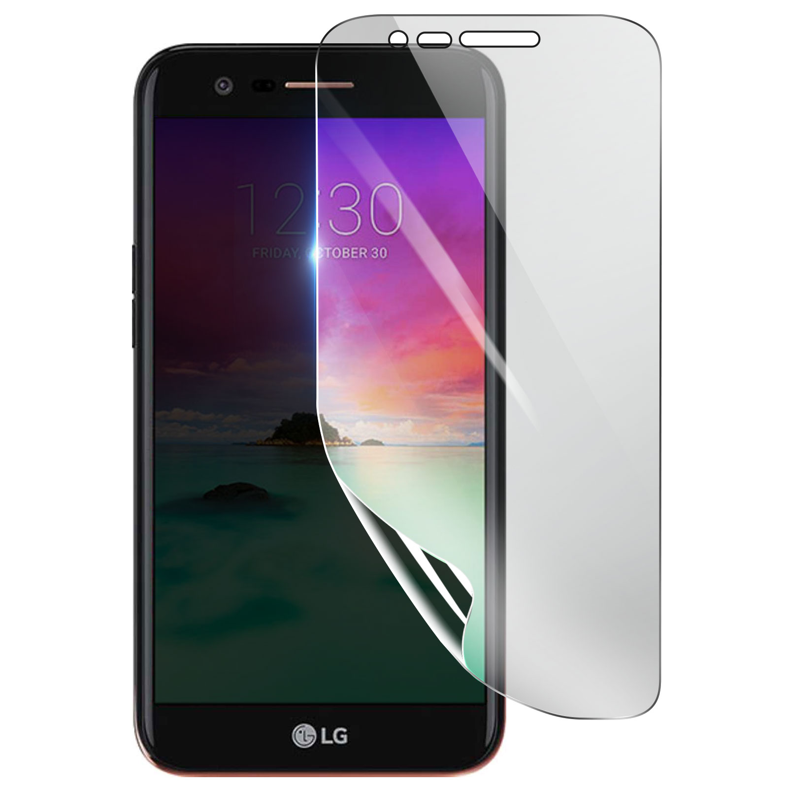 Teléfono LG con protector de pantalla aplicado. El teléfono muestra una escena de playa y la fecha. El protector se está despegando.