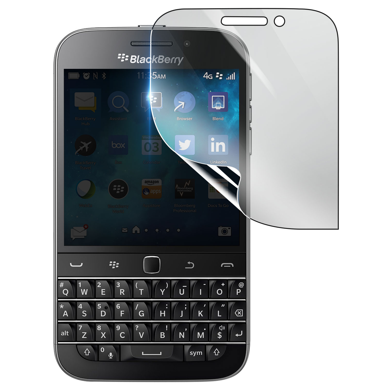 Telefono BlackBerry con protezione schermo. Mostra app come BBM, Browser e LinkedIn. Tastiera fisica sotto, schermo con icone.
