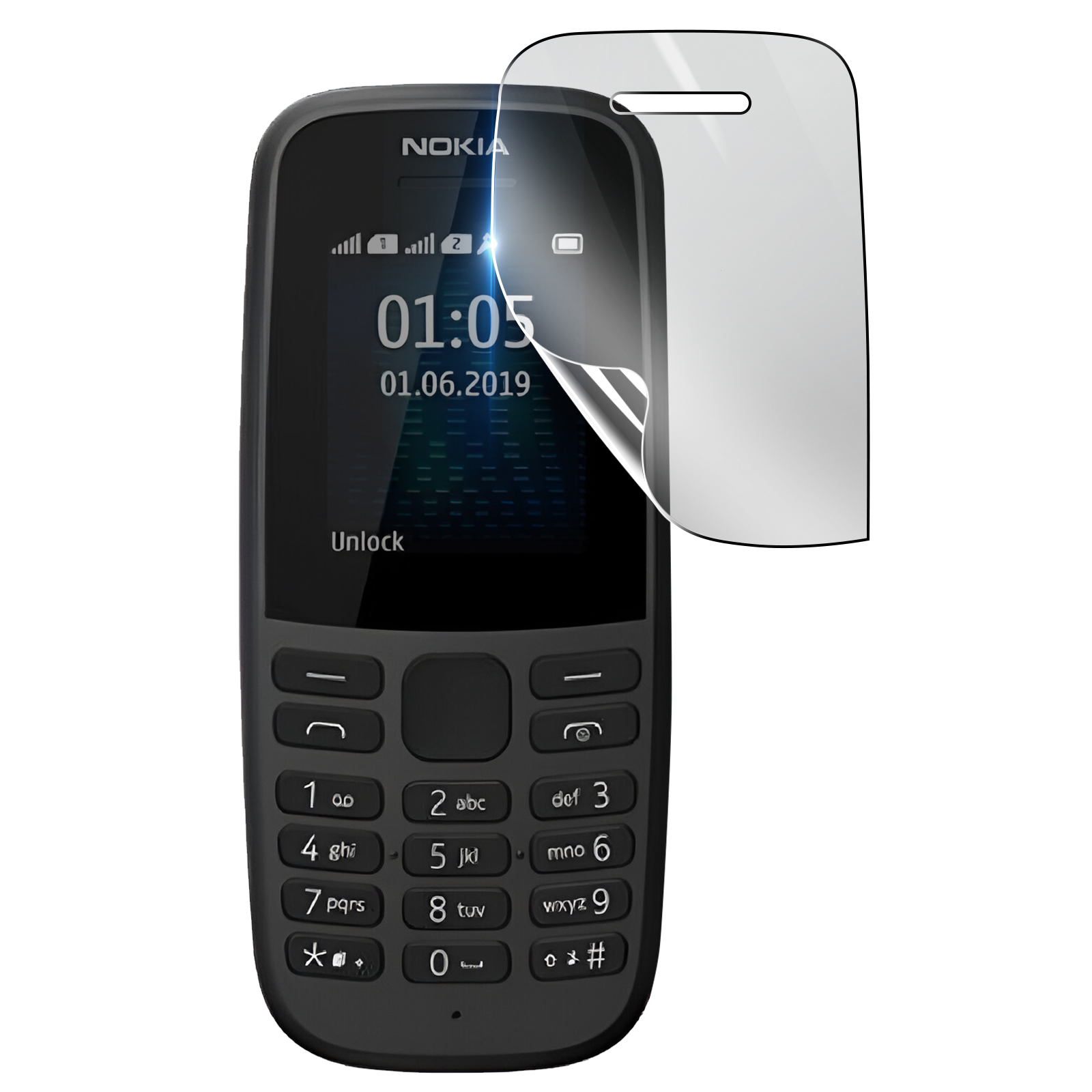 Un telefono Nokia nero con una protezione per lo schermo. Lo schermo mostra l'ora e la data. La protezione è parzialmente staccata.