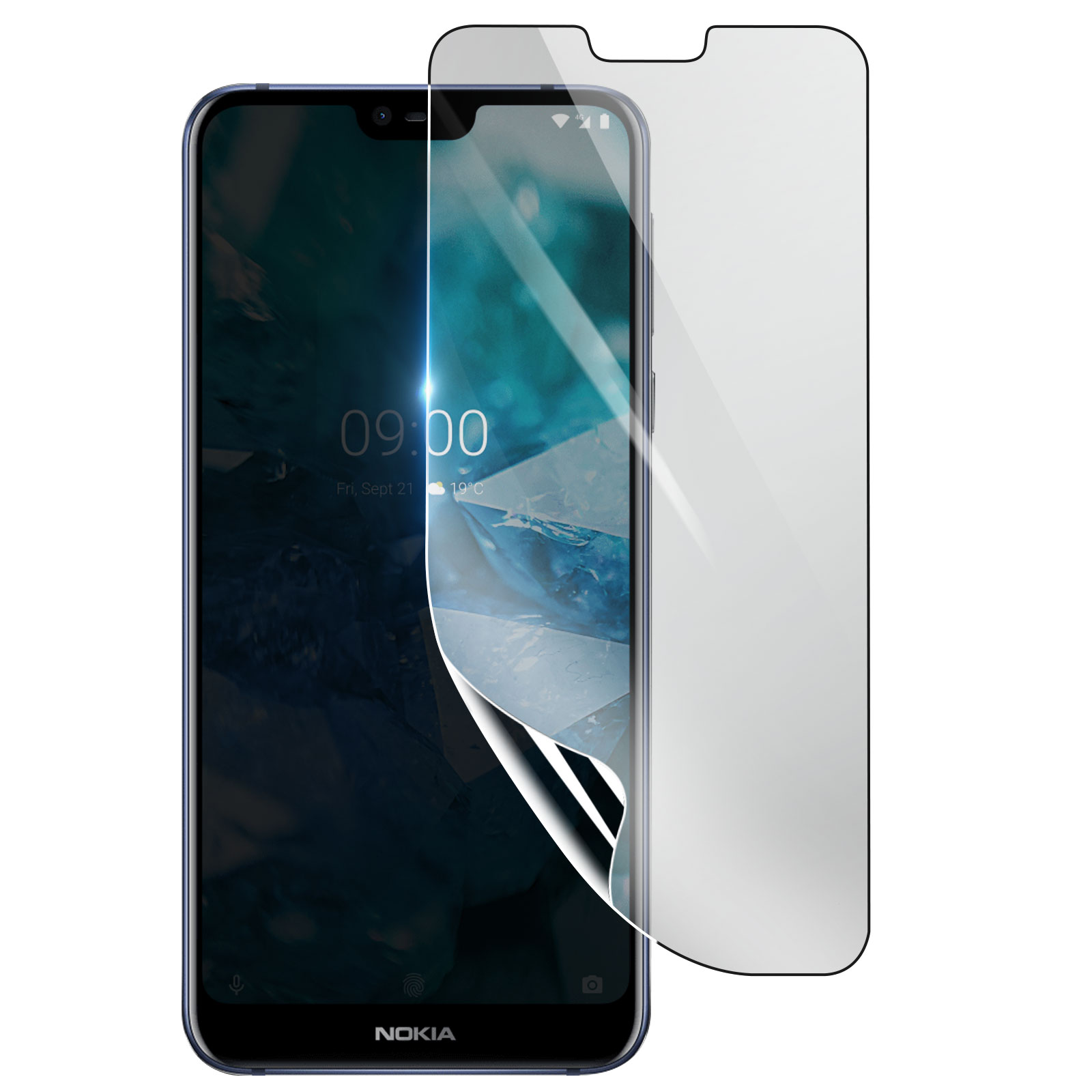 Un telefono Nokia con una protezione schermo in applicazione. Il telefono mostra l'ora e la data. La protezione è parzialmente staccata.
