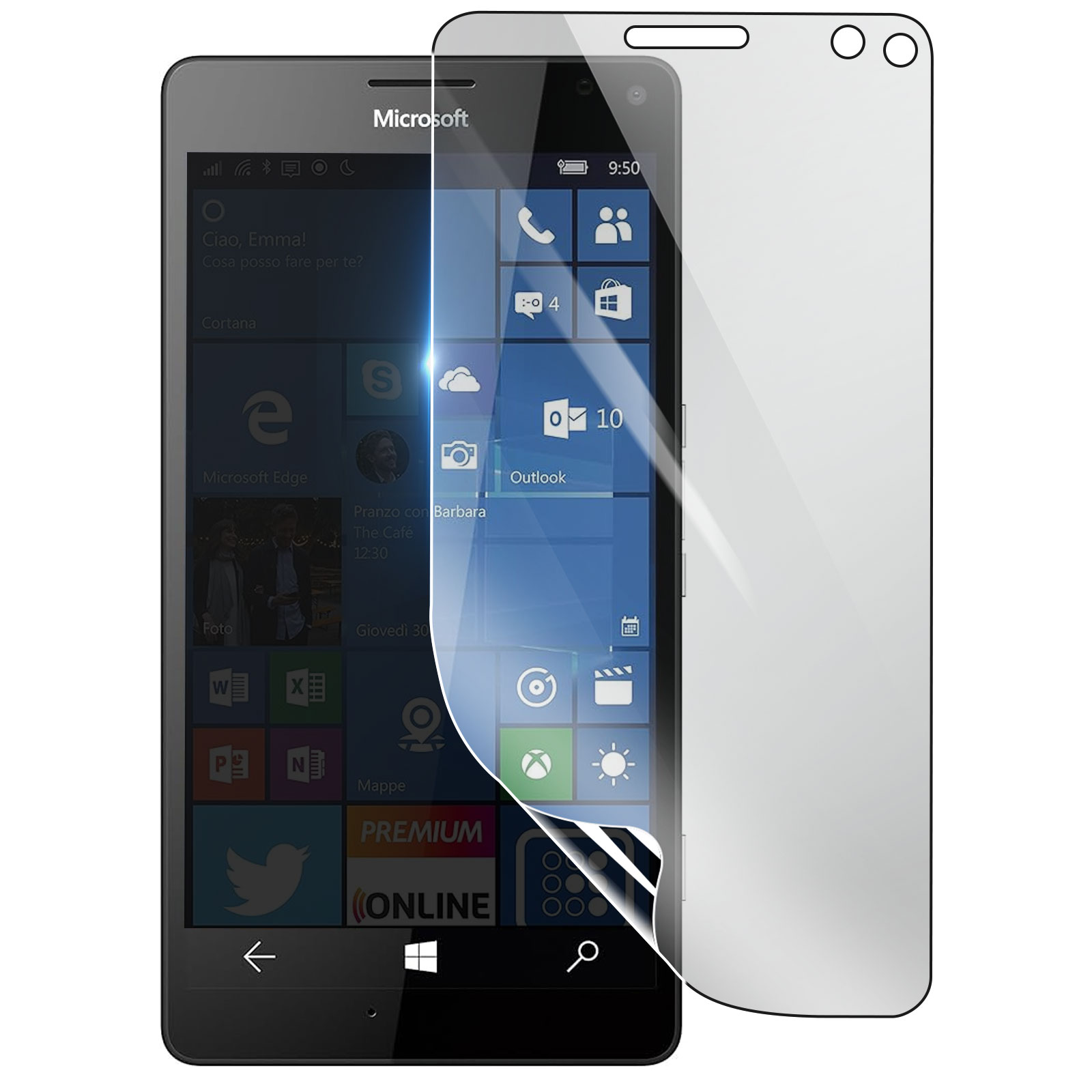 Uno smartphone Microsoft nero con una protezione per lo schermo. Lo schermo mostra icone di app e una notifica. La protezione si sta staccando.
