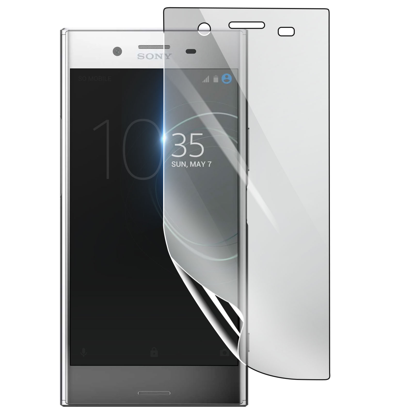 Uno smartphone con una protezione per lo schermo in fase di applicazione. Il telefono mostra l'ora e la data. La protezione è parzialmente staccata.