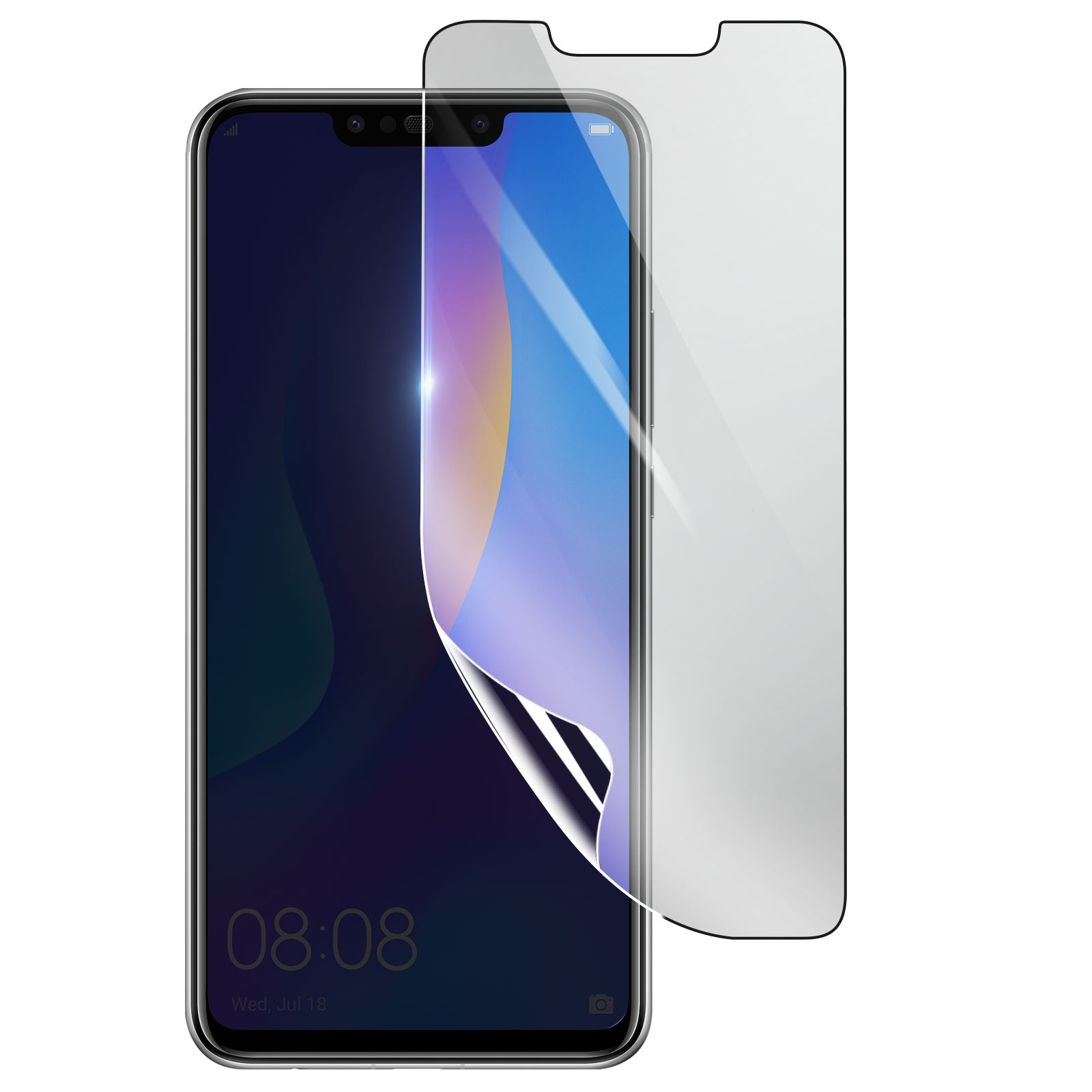 Uno smartphone con una protezione per lo schermo applicata. Il telefono mostra un'interfaccia scura e la protezione è trasparente.