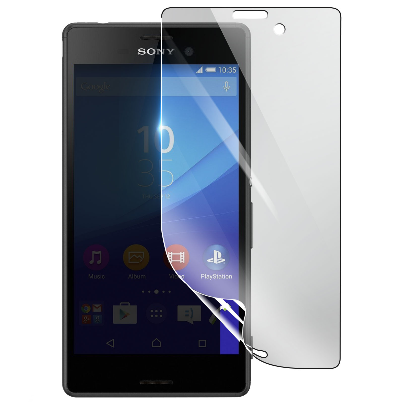 Uno smartphone Sony nero con protezione schermo. Lo schermo mostra l'ora, le app e il logo Sony.