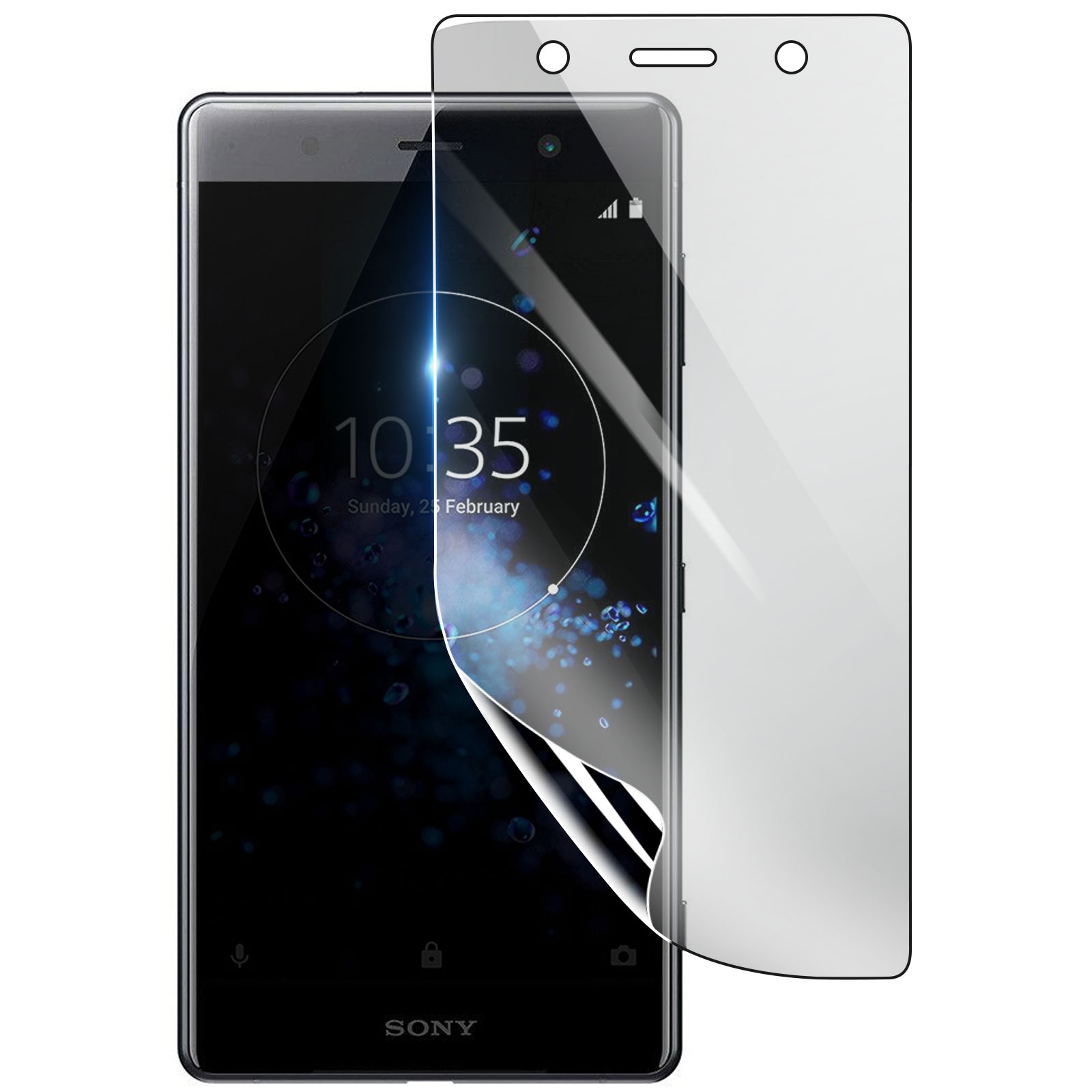 Smartphone con protezione schermo. Il telefono mostra l'ora, la data e il logo Sony.