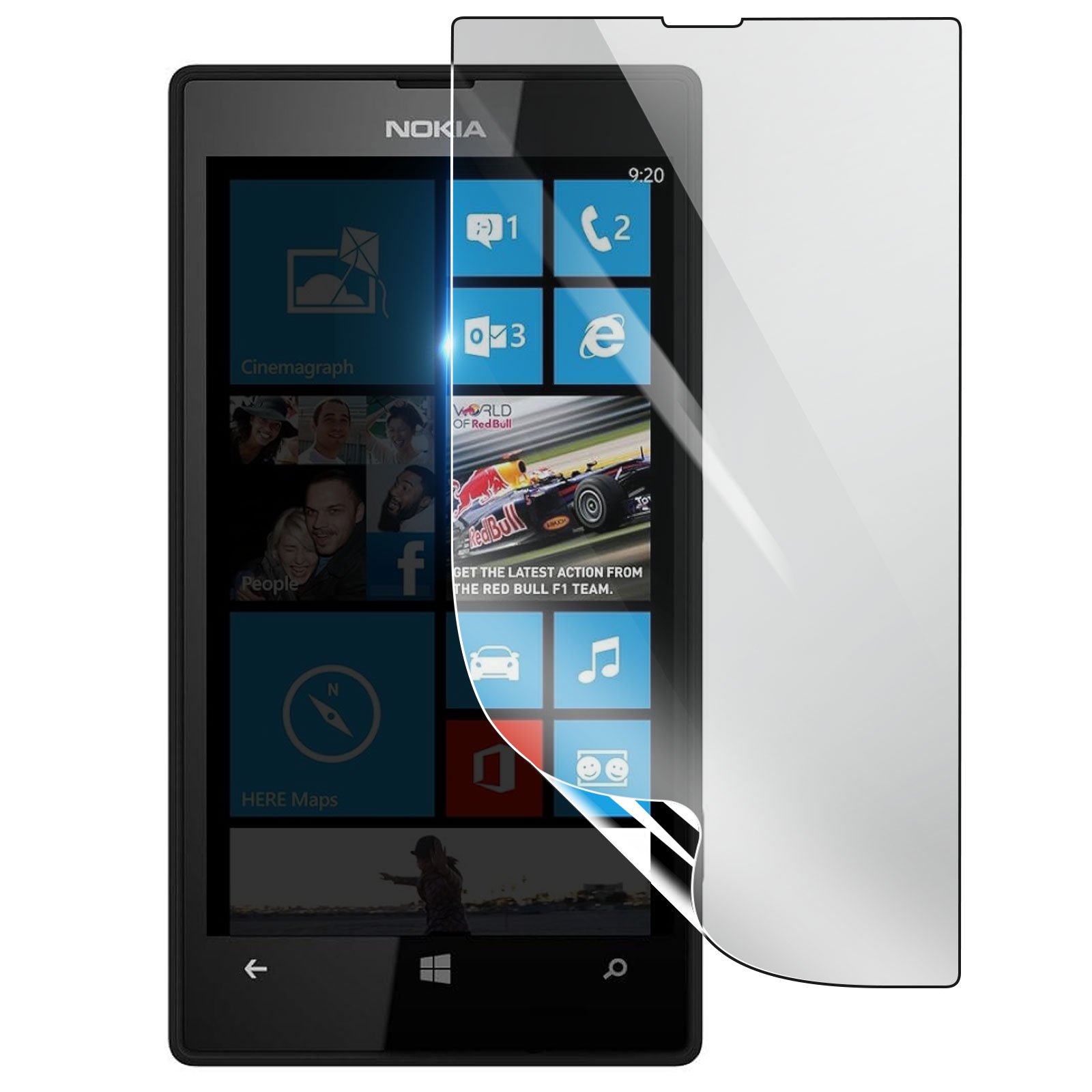 Uno smartphone Nokia nero mostra un'interfaccia a riquadri con icone di app. Una protezione schermo è parzialmente staccata.