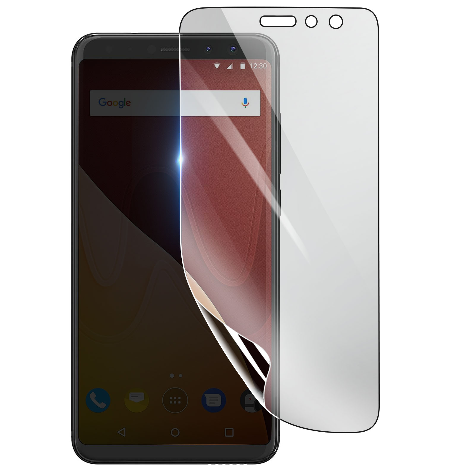 Smartphone con protezione schermo. Lo schermo mostra la barra di ricerca Google. Protezione trasparente a destra.