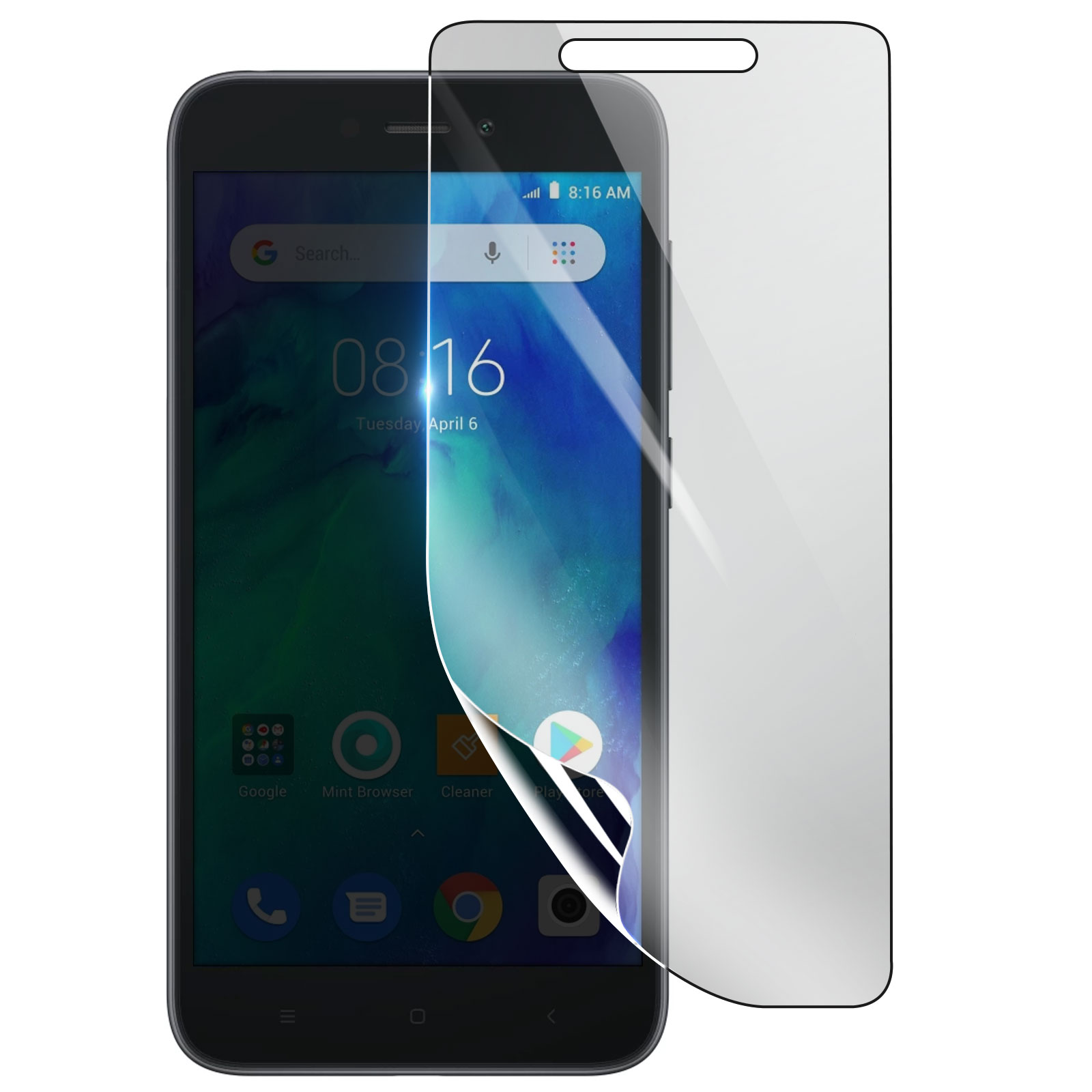 Smartphone nero con protezione schermo che si stacca. Schermo mostra ora e icone app. Sfondo bianco.