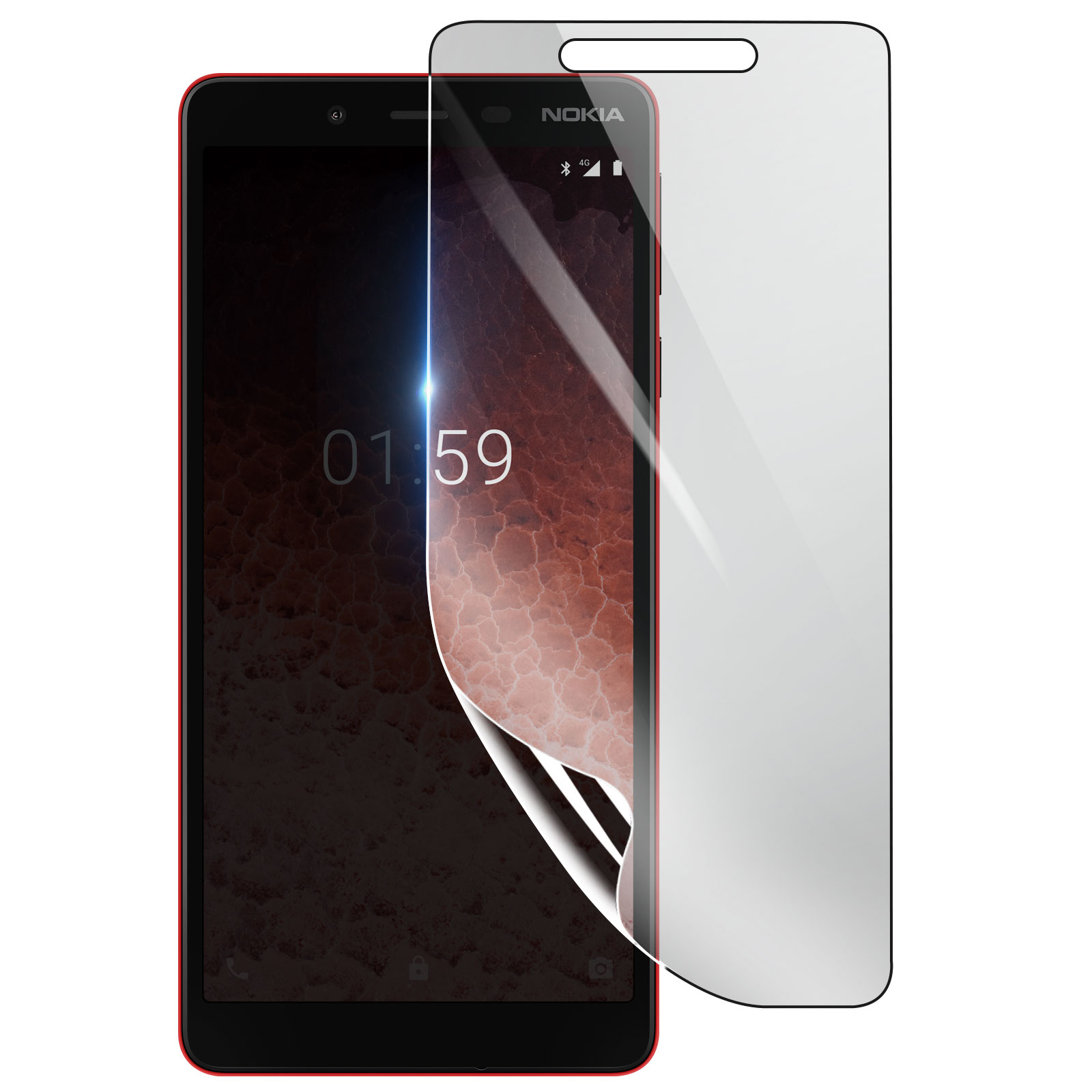 Uno smartphone Nokia con una protezione per lo schermo applicata. Il telefono è nero e rosso, con l'ora 01:59 visualizzata.