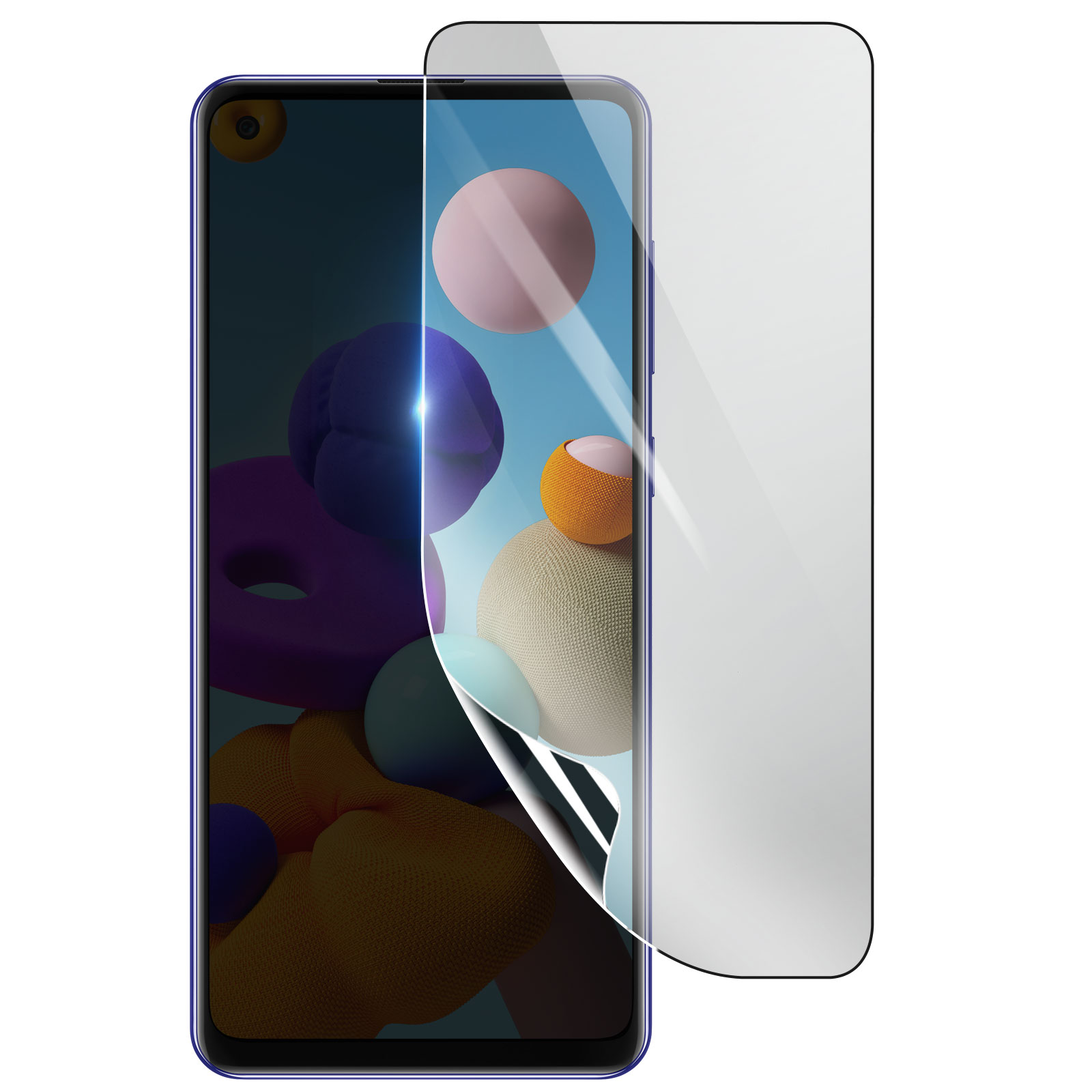 Uno smartphone con una protezione per lo schermo è in mostra. Lo schermo del telefono mostra forme astratte colorate. La protezione è parzialmente staccata.
