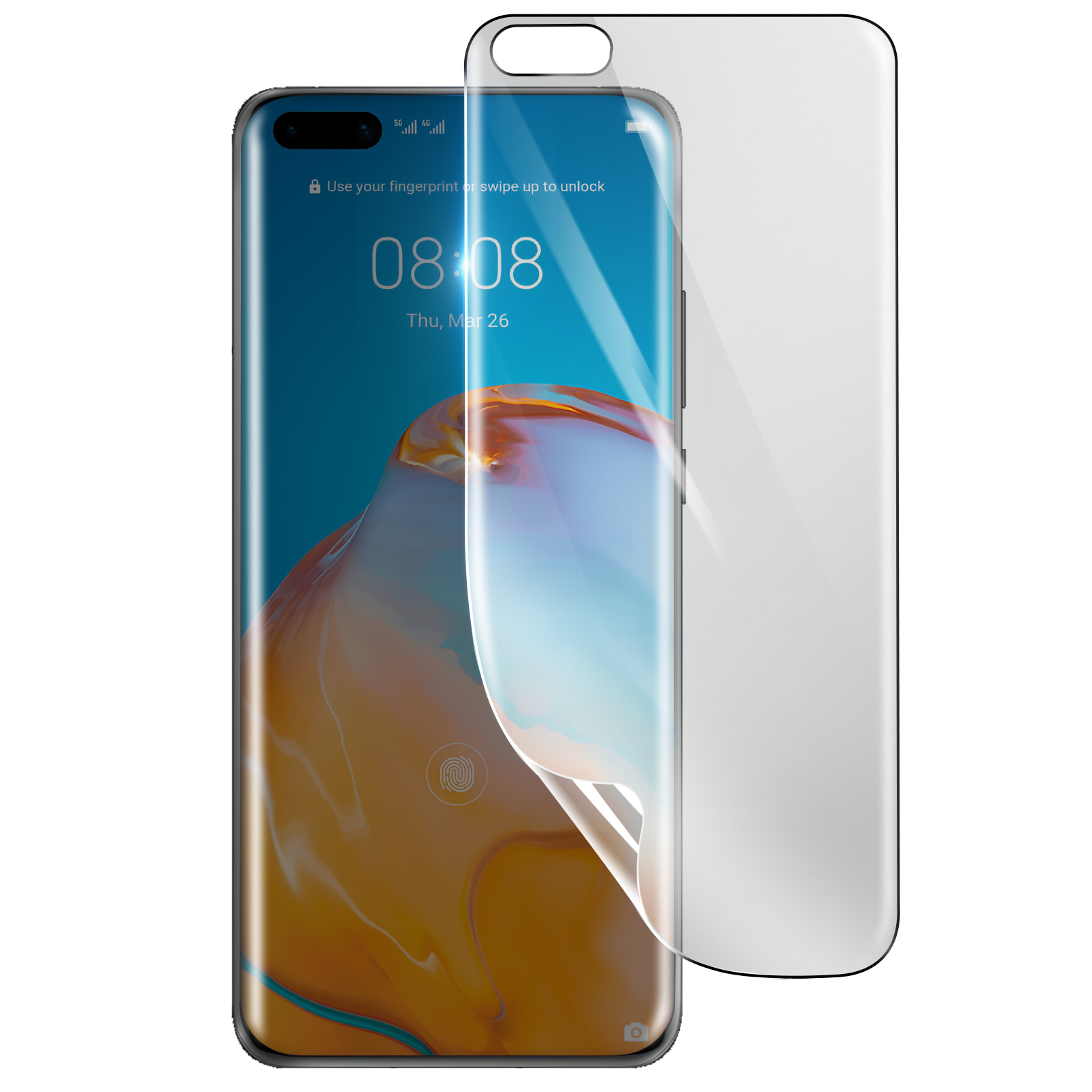 Uno smartphone con un proteggi schermo applicato. Lo schermo mostra ora e data. Il proteggi schermo è trasparente.