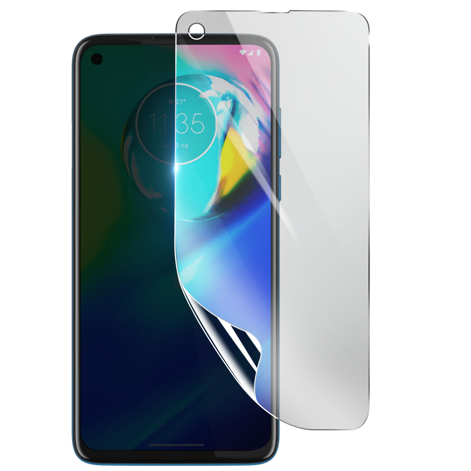 Uno smartphone con una protezione per lo schermo in fase di applicazione. Il telefono mostra l'ora. La protezione è parzialmente staccata.