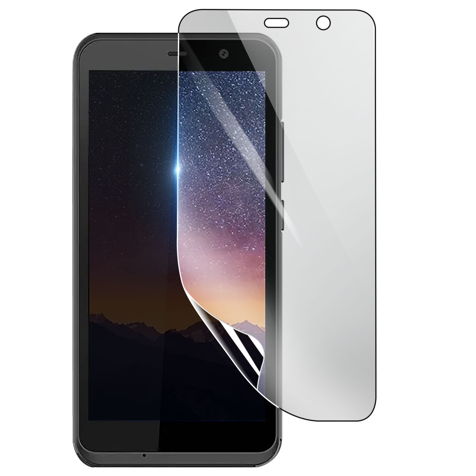 Uno smartphone nero con protezione schermo. Lo schermo mostra un cielo stellato. La protezione è parzialmente staccata.