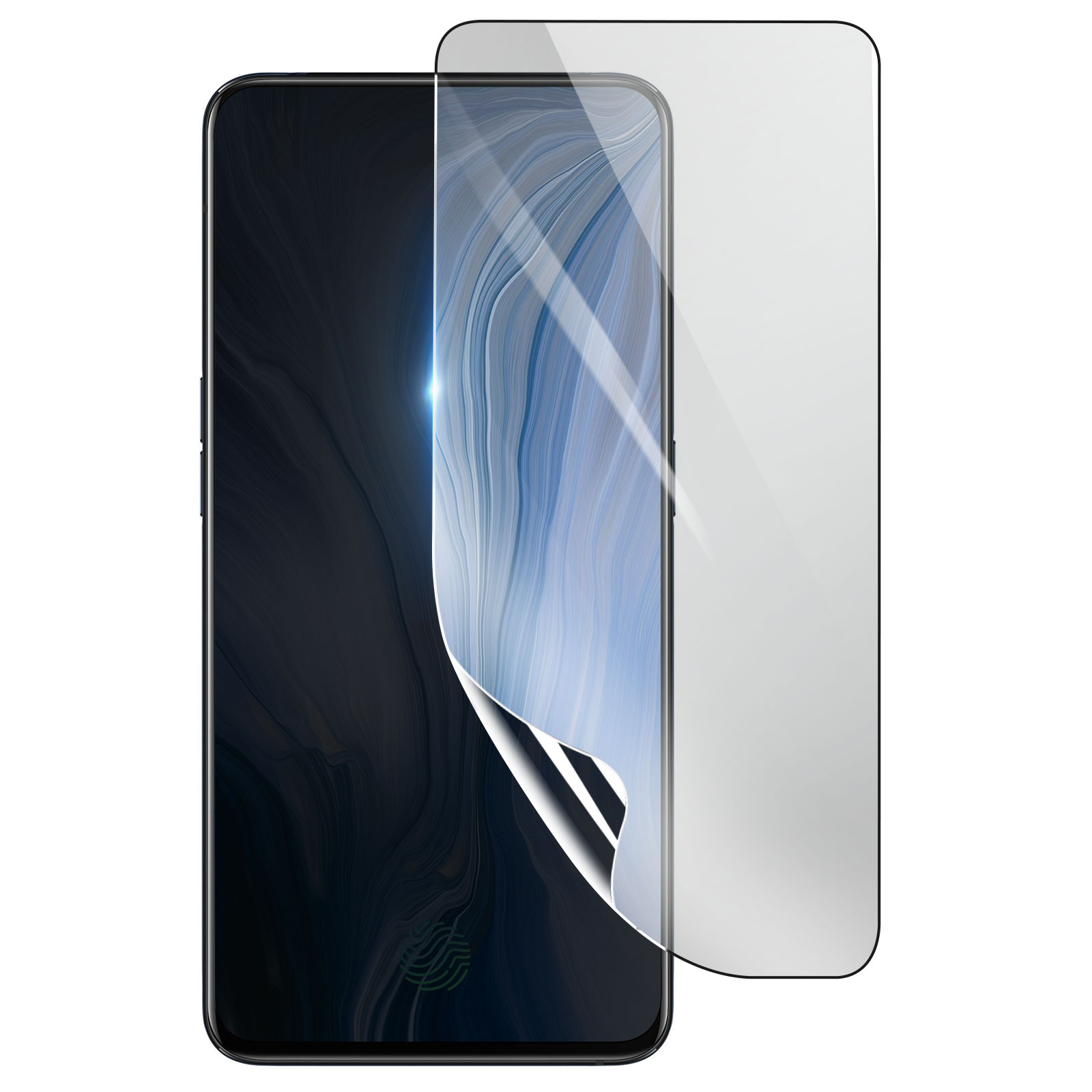 Uno smartphone con una protezione per lo schermo in fase di applicazione. Lo schermo mostra un design astratto blu e bianco.