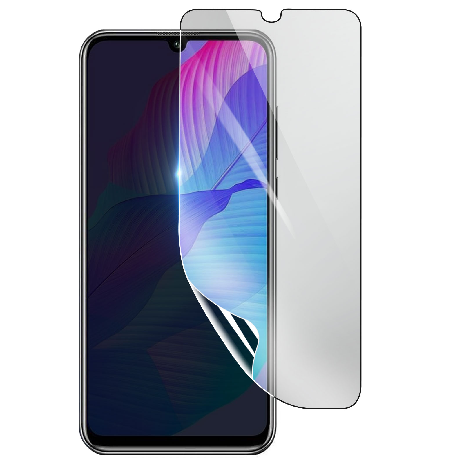 Uno smartphone con una protezione per lo schermo in applicazione. Lo schermo mostra un design astratto colorato. La protezione è leggermente fuori posto.