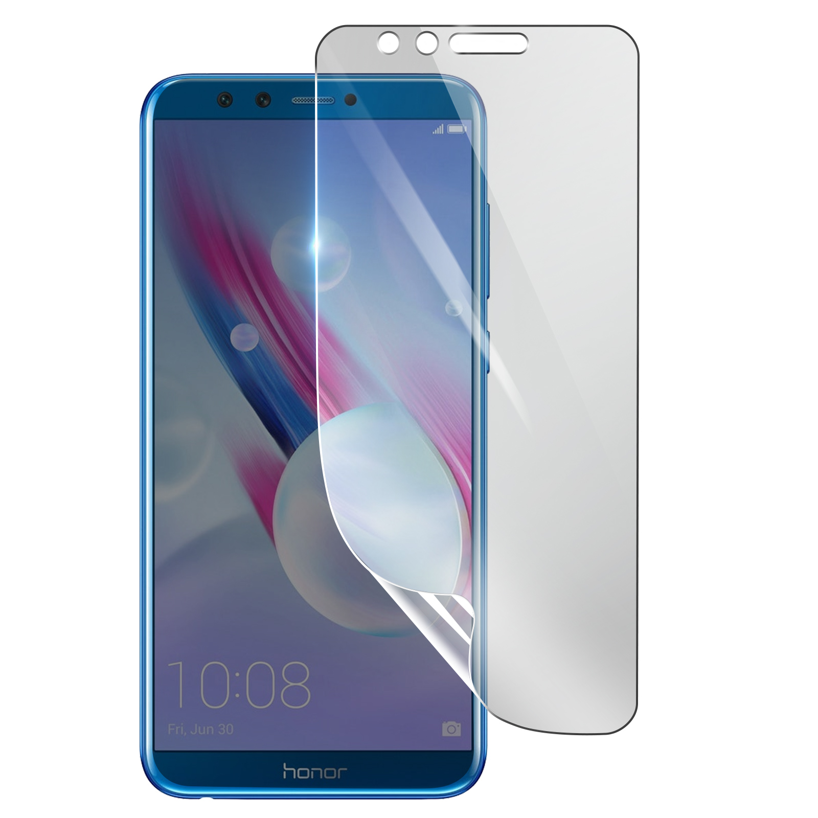Smartphone Honor blu con protezione schermo in applicazione. Il display mostra ora e data. Sfondo bianco.