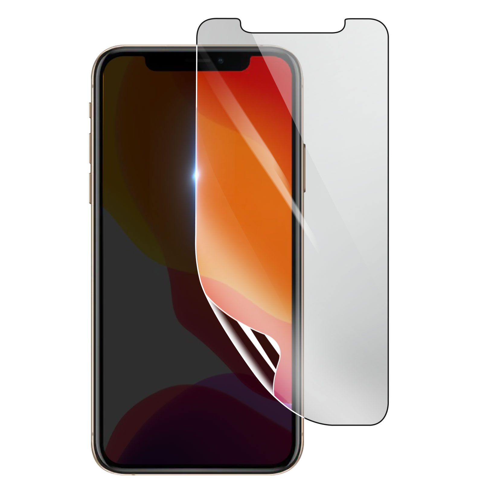 Un iPhone con una protezione schermo. Il telefono è dorato, lo schermo mostra arancione e nero. La protezione è trasparente.