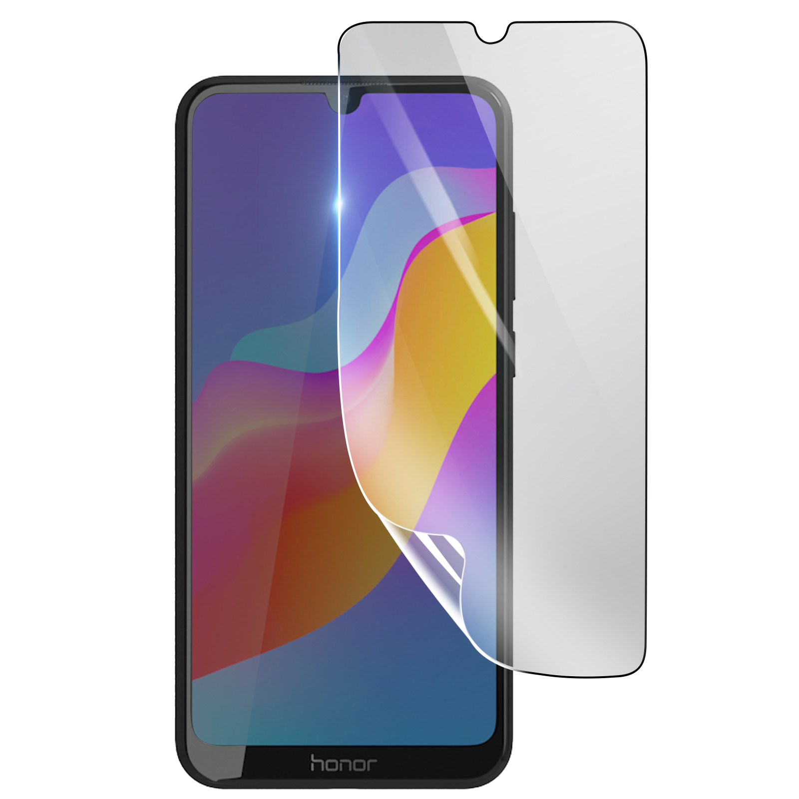 Uno smartphone con una protezione per lo schermo applicata. Il telefono ha un display colorato e la protezione è parzialmente staccata.