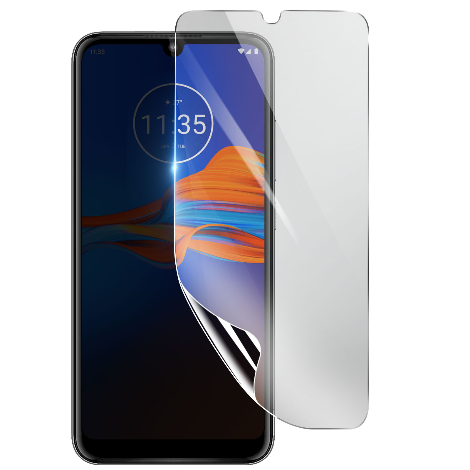 Uno smartphone con una protezione per lo schermo applicata. Lo schermo mostra l'ora e la data. La protezione è parzialmente staccata.