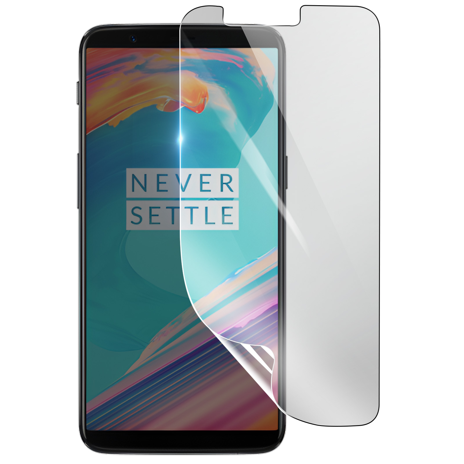 Uno smartphone con una protezione per lo schermo che viene staccata. Il telefono mostra le parole 'NEVER SETTLE'. Lo sfondo è bianco.