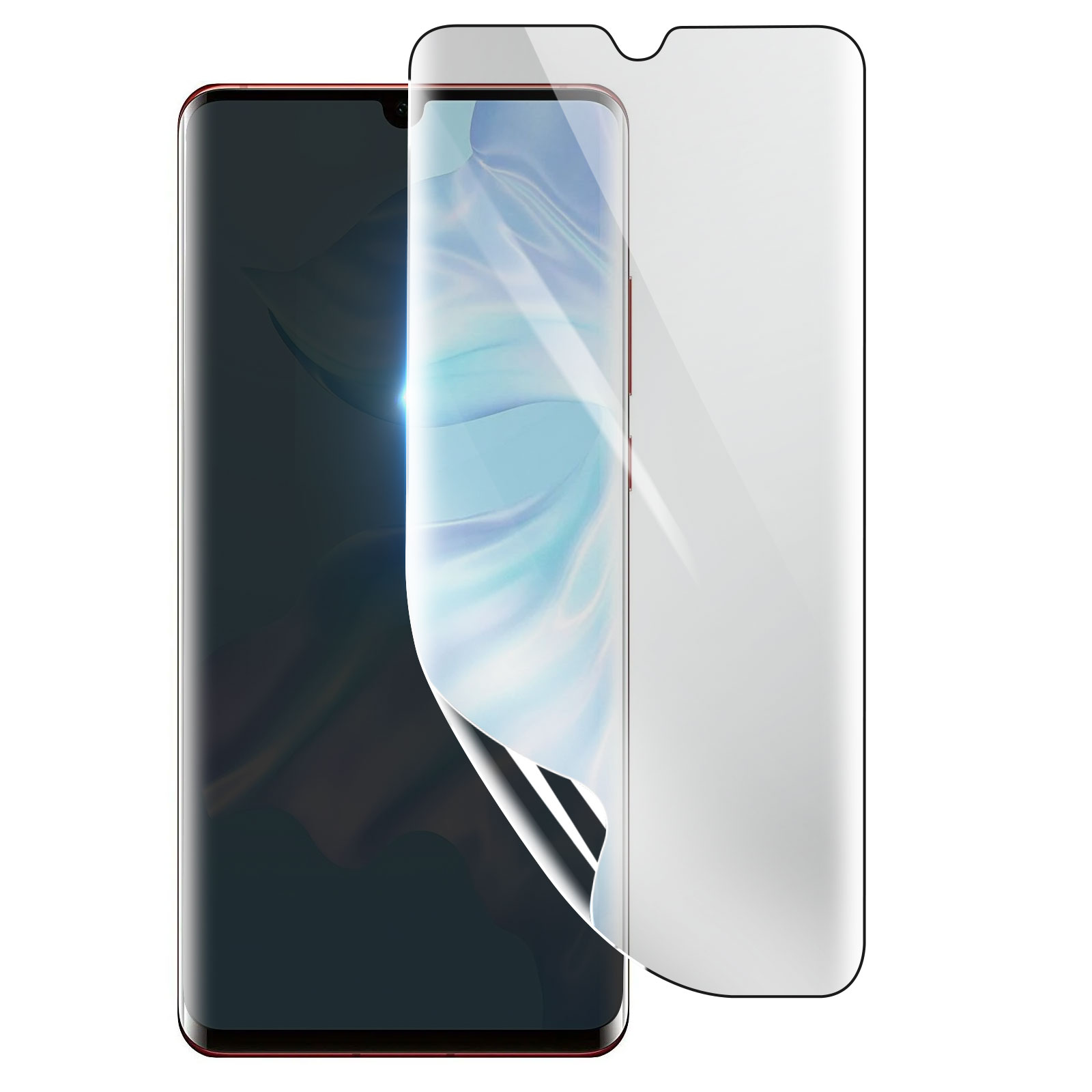 Uno smartphone con una protezione per lo schermo in fase di applicazione. Il telefono è rosso e nero, la protezione parzialmente staccata.