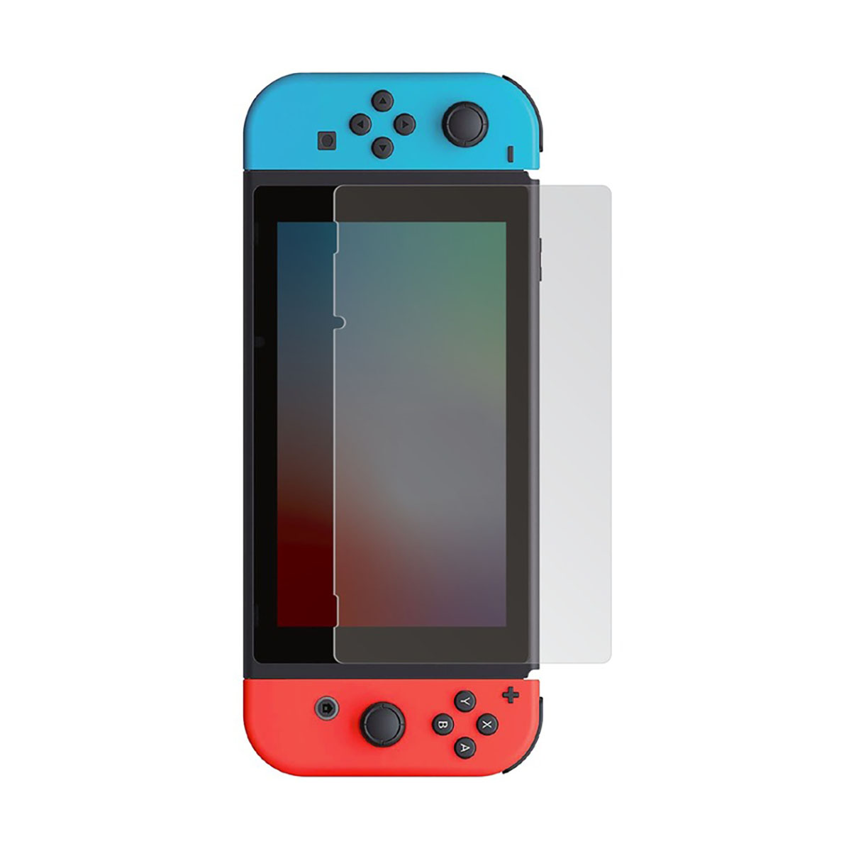 Console Nintendo Switch con protezione schermo applicata. I Joy-Con sono rossi e blu. Lo schermo è visibile.