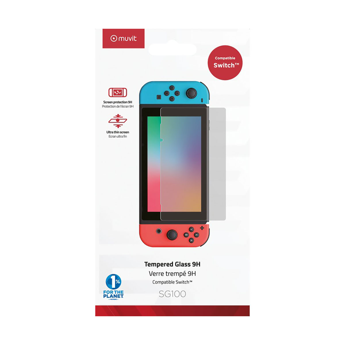 Una Nintendo Switch con protezione schermo. La confezione mostra la console in blu e rosso. È un vetro temperato.