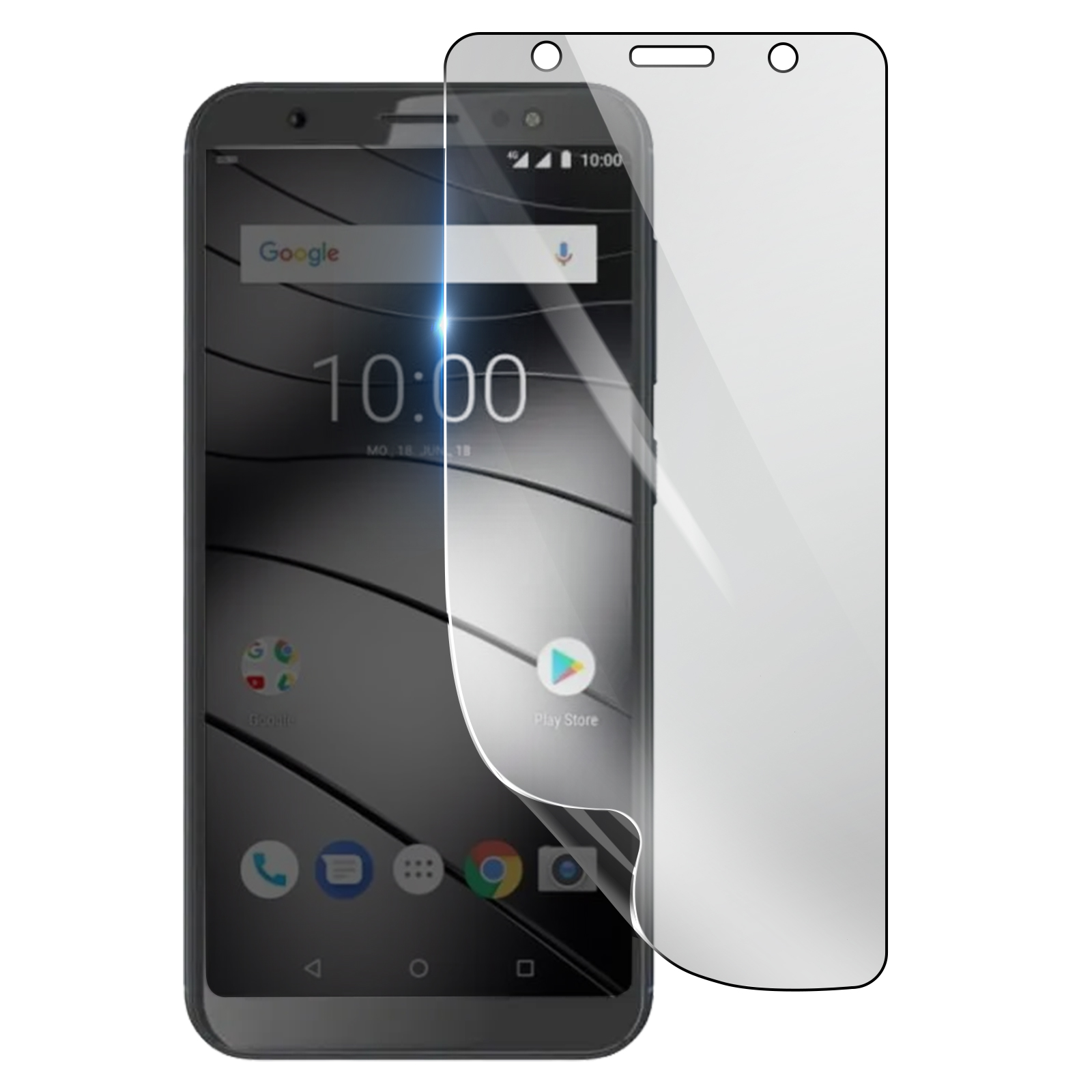 Smartphone con protezione schermo applicata. Il telefono mostra le 10:00. Sono visibili le icone di Google e Play Store.