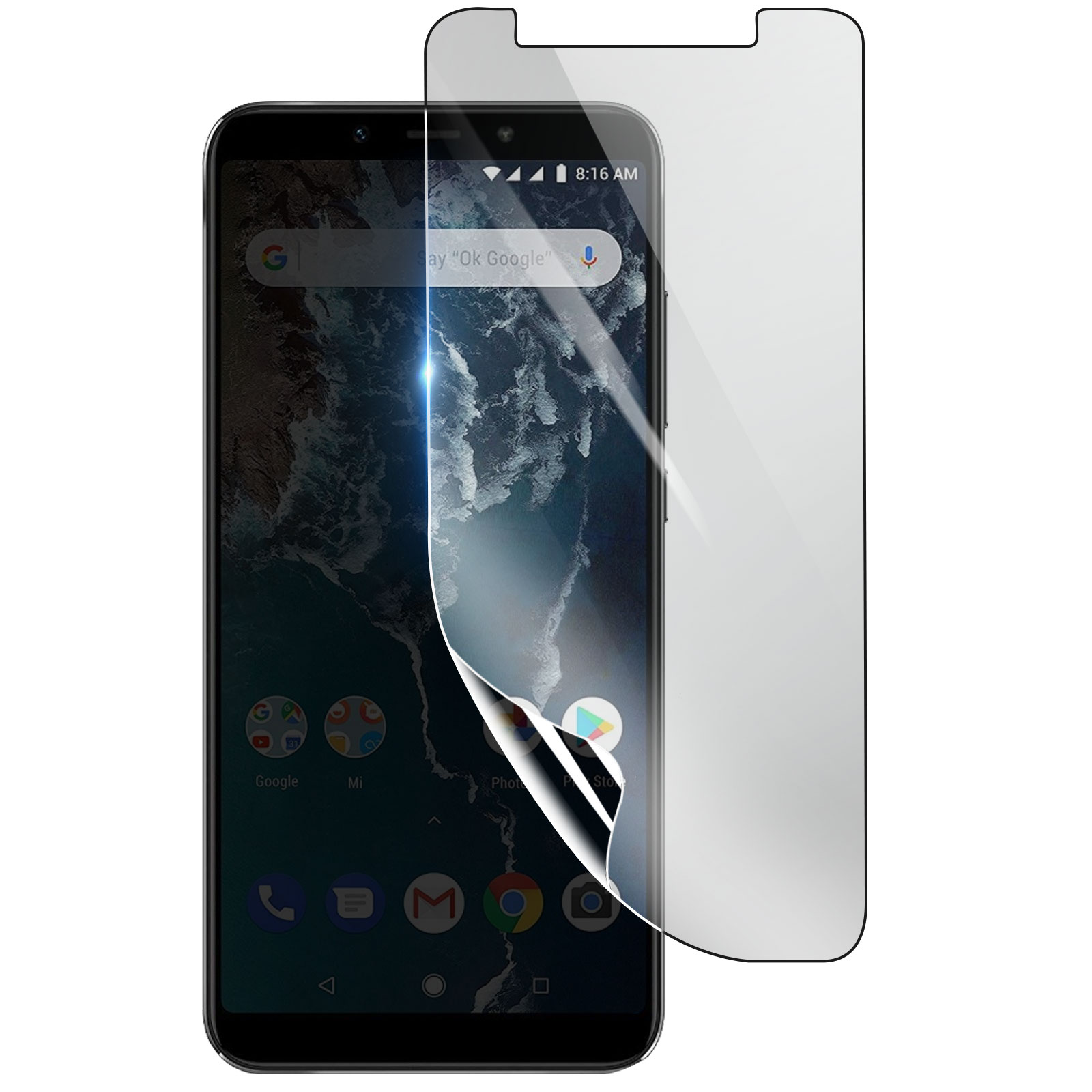 Smartphone con protezione schermo in applicazione. Lo schermo mostra uno sfondo nuvoloso. Protezione parzialmente staccata.