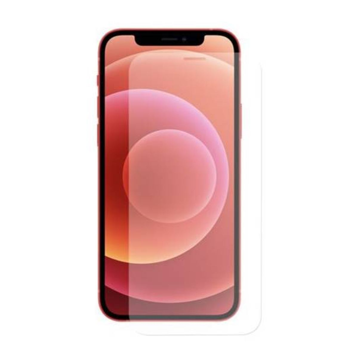 Un iPhone rosso con protezione schermo. Lo schermo mostra cerchi rosa e arancioni. Il telefono è su sfondo bianco.